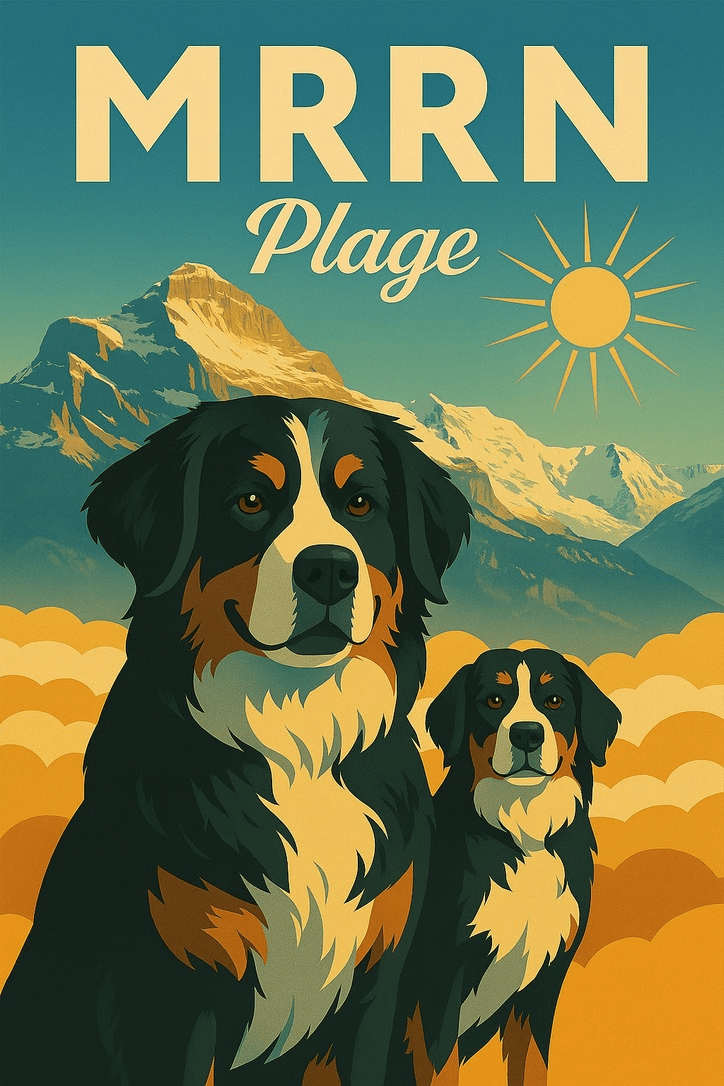 MRRN Plage von Daniel Frei: Zwei schwarz-braun-weisse Berner Sennenhunde vor goldenen Wolken, schneebedeckten Bergen und Sonne.