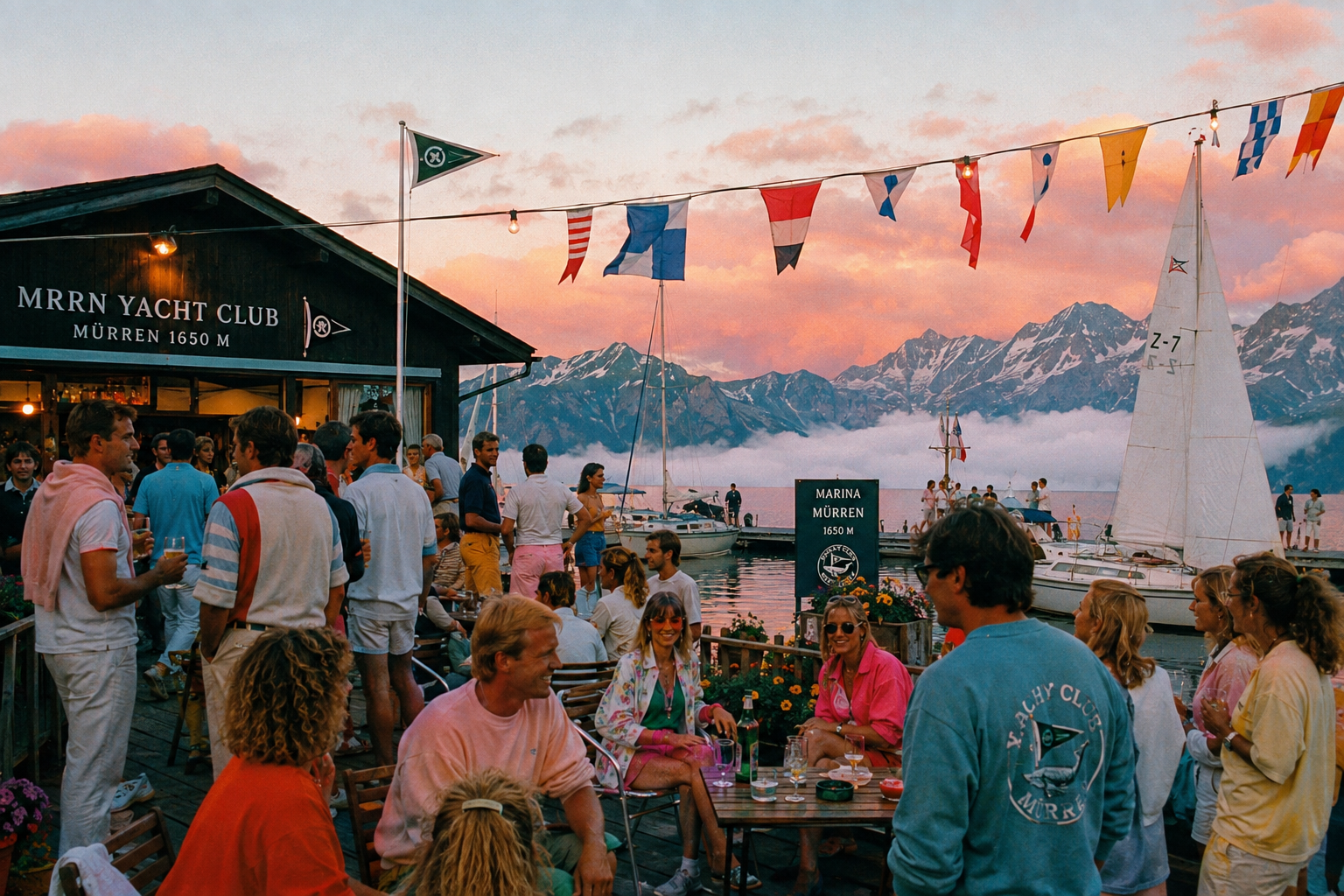 MRRN Yacht Club Mürren Sommerabend 1988 an der Marina in Mürren. Illustration: Daniel Frei