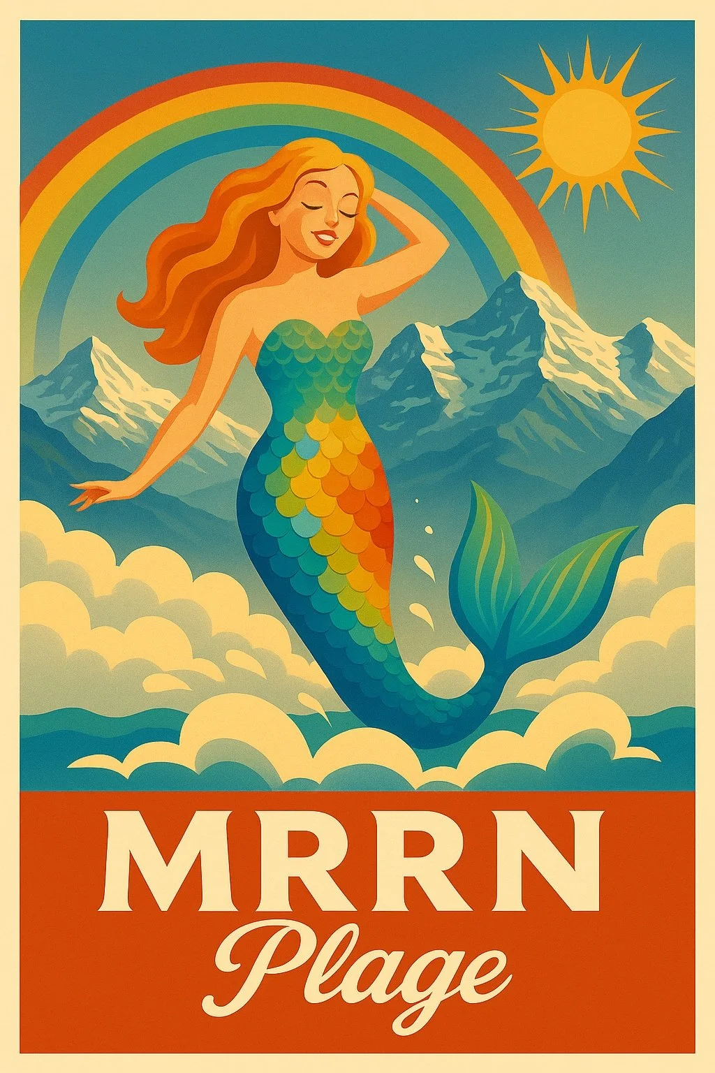 MRRN Plage «Meerjungfrau» von Daniel Frei: Eine rothaarige Meerjungfrau mit buntem Schuppenschwanz schwebt unter einem Regenbogen vor Bergen und Wolken.