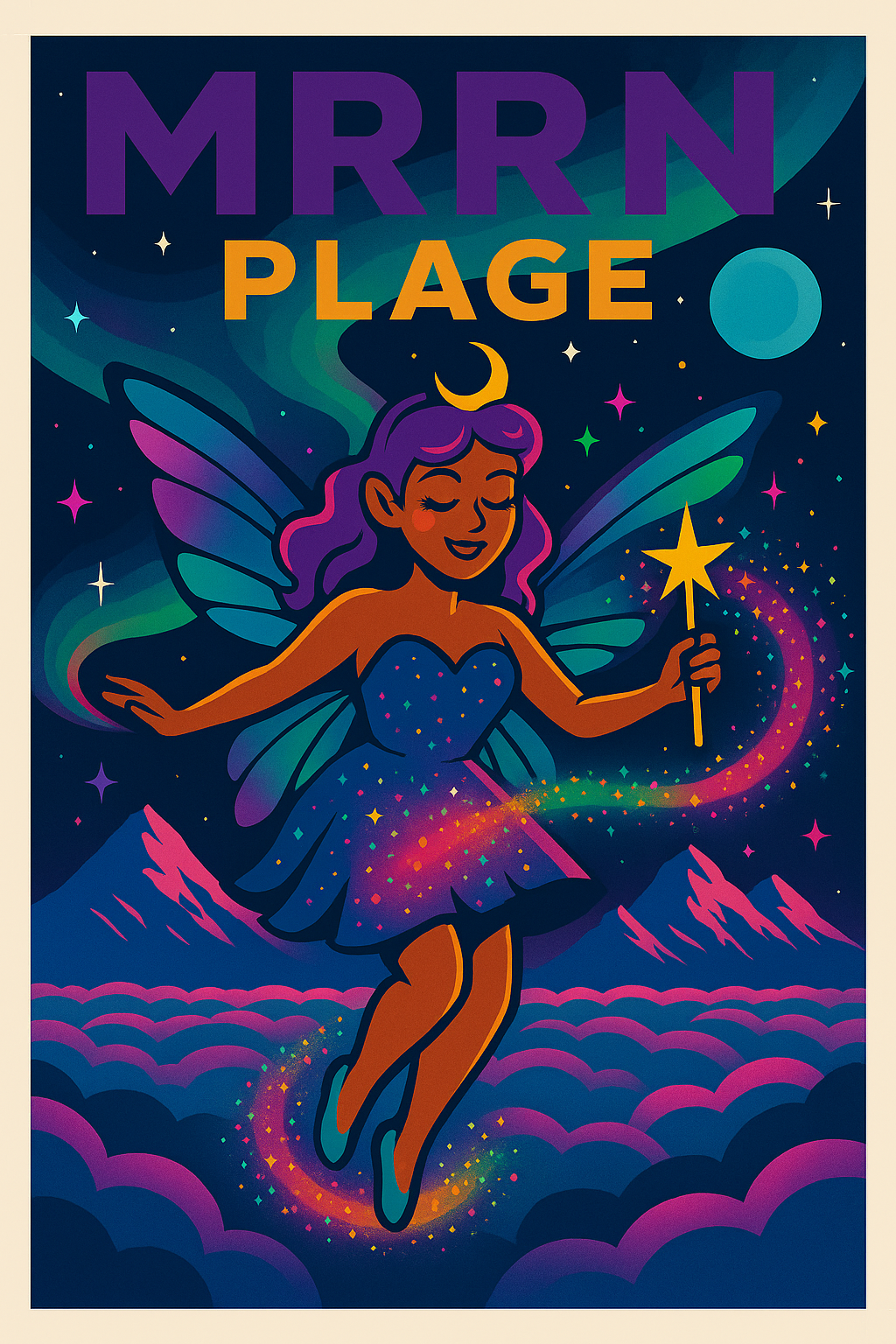 MRRN Plage von Daniel Frei: Eine Fee mit violettem Haar, bunten Flügeln und einem Sternenstab schwebt über Bergen und Wolken.