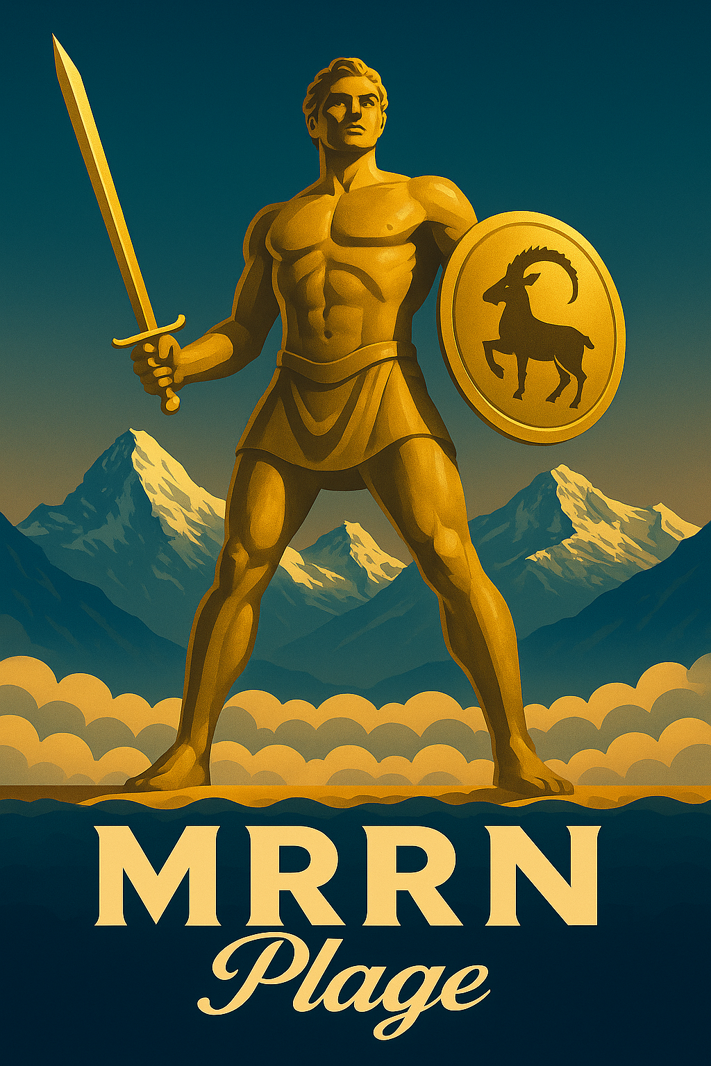 MRRN Plage von Daniel Frei: Ein goldener Koloss mit Schwert und rundem Steinbock-Schild steht breitbeinig vor blauen Berggipfeln.
