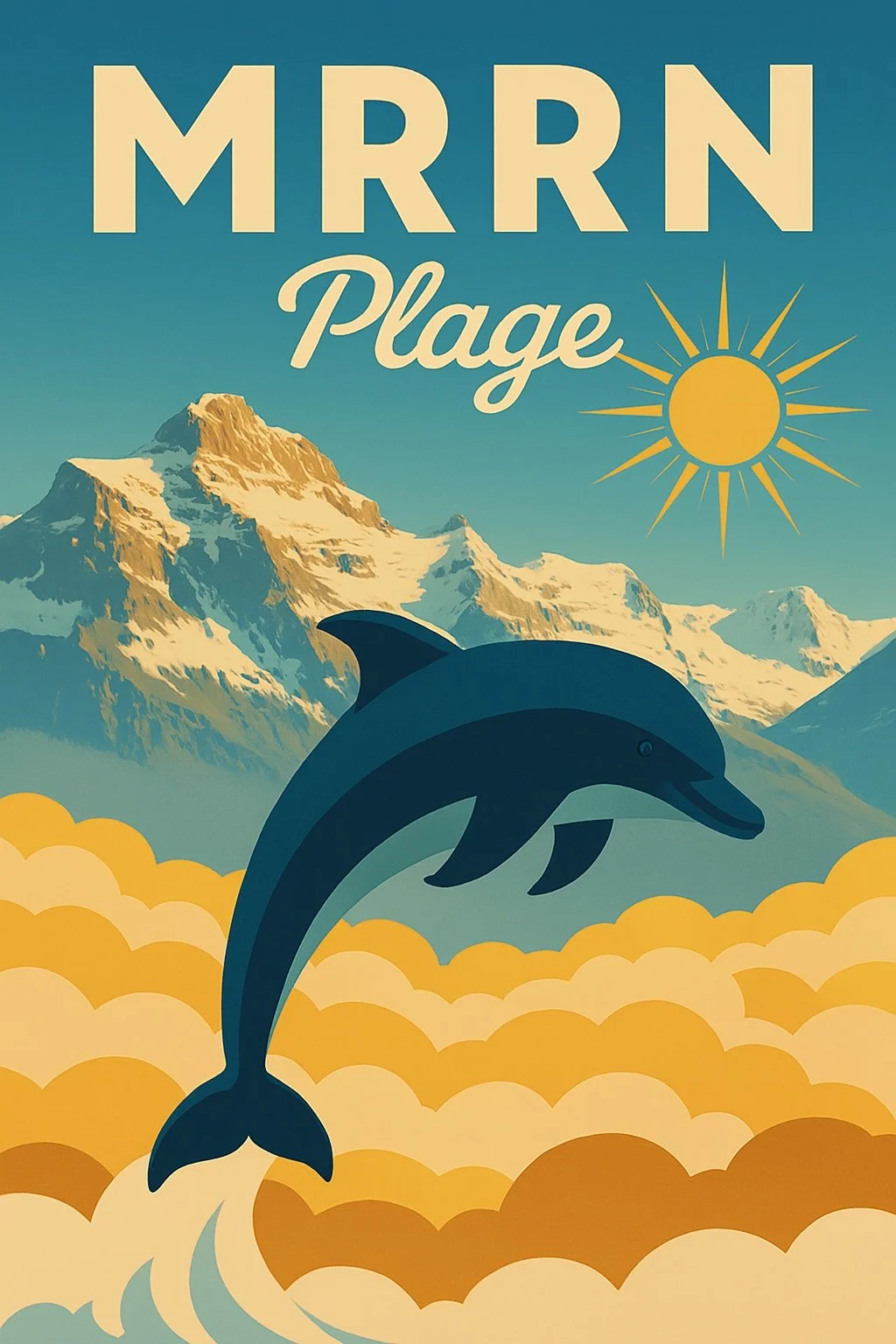MRRN Plage «Delphin» von Daniel Frei: Ein blauer Delphin springt vor gelben Wolken und einer Bergkulisse.