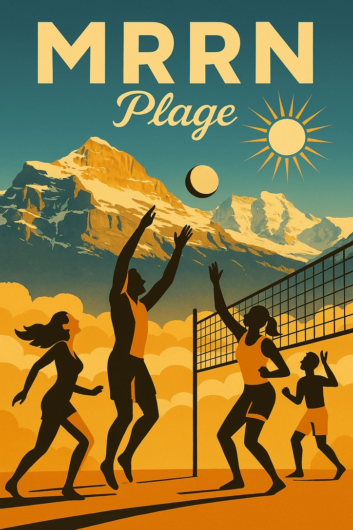 MRRN Plage von Daniel Frei: Vier dunkle Spielfiguren spielen Volleyball an einem Netz vor goldenem Wolkenmeer, Bergen und Sonne.