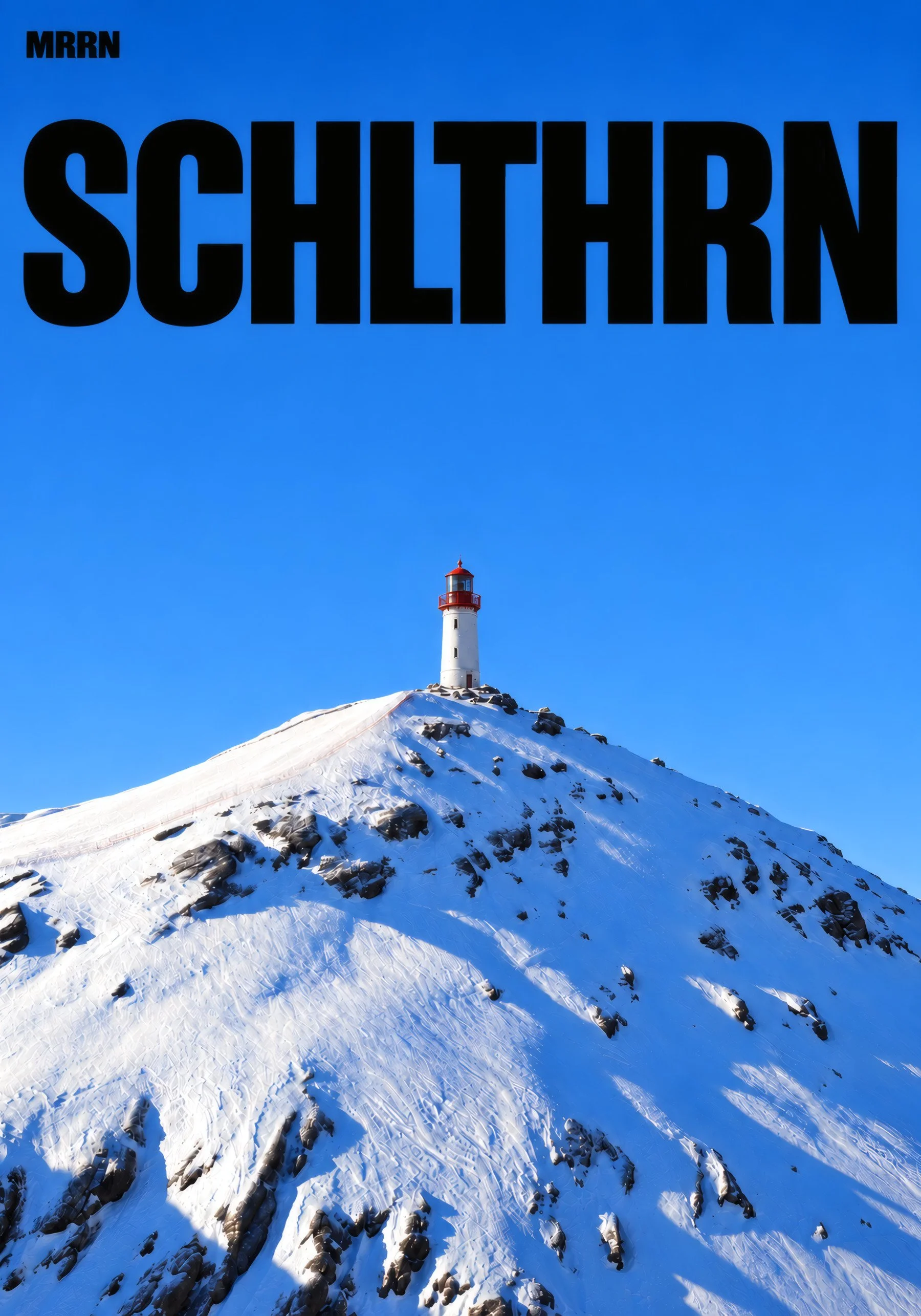 SCHLTHRN. SCH-LF-014. Der Leuchtturm auf dem Gipfel, unter einem weiten blauen Himmel. Aus dem imaginären SCHLTHRN-Archiv von MRRN. Kunstdruck, 70 × 100 cm, ungerahmt.