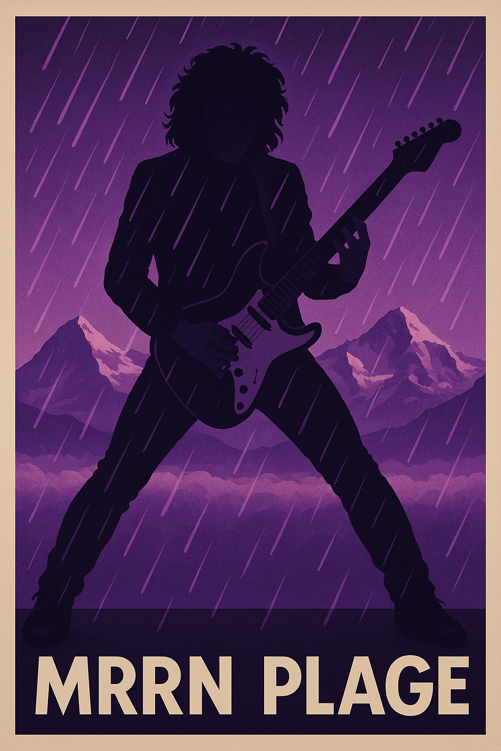 MRRN Plage von Daniel Frei: Die dunkle Silhouette eines breitbeinig stehenden Gitarristen spielt E-Gitarre vor violetten Bergen, Wolken und schrägen Regenlinien.