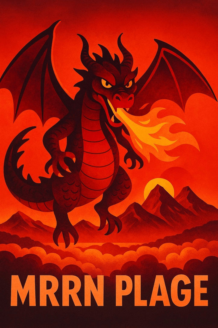 MRRN Plage von Daniel Frei: Ein roter Drache mit ausgebreiteten Flügeln speit Feuer über roten Wolken und einer Berglandschaft.