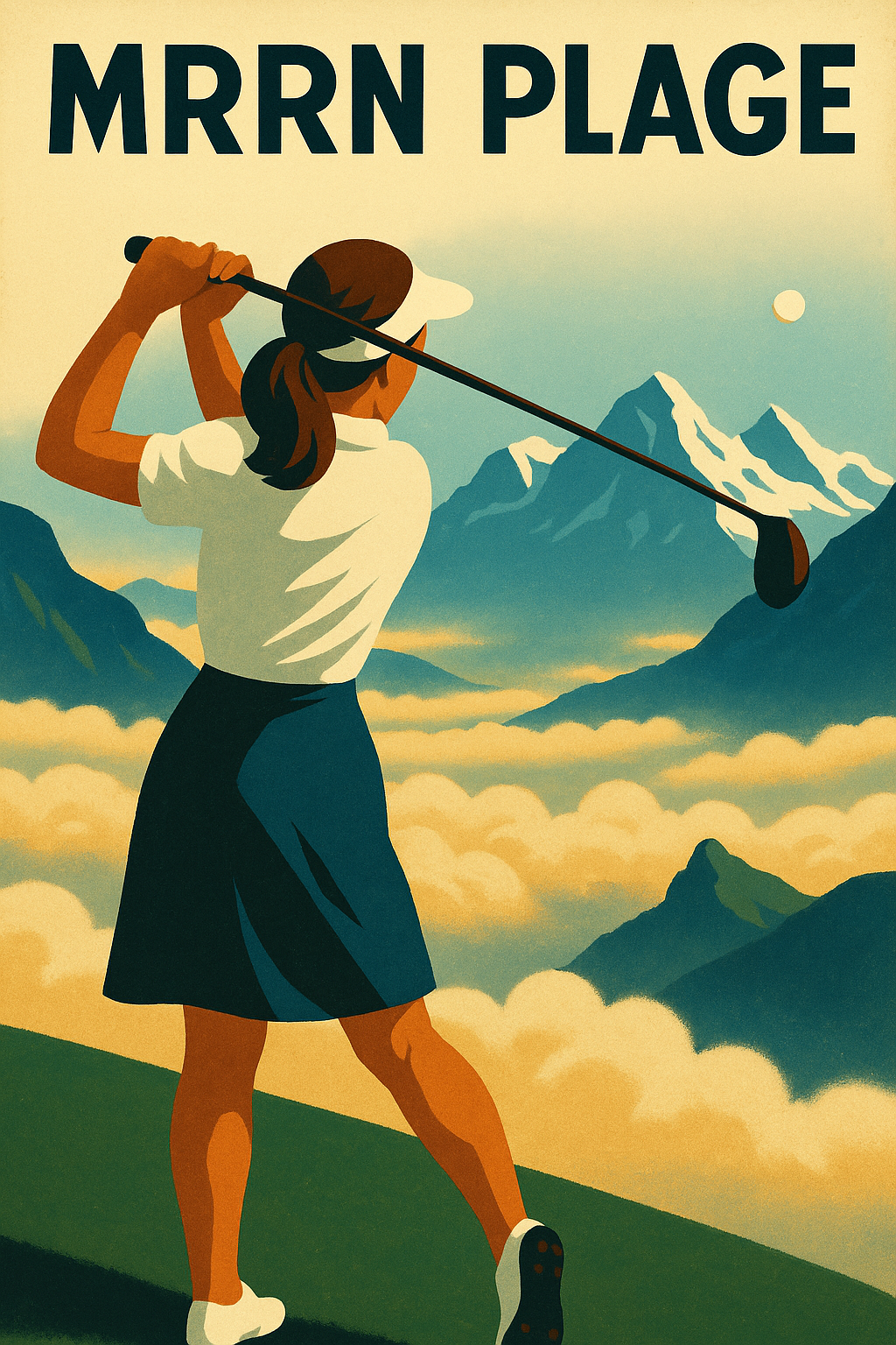 MRRN Plage von Daniel Frei: Eine Golferin mit weissem Visor und blauem Rock schwingt den Schläger vor Berggipfeln über einem Wolkenmeer.