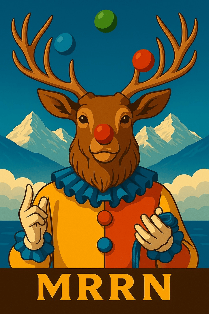 MRRN Plage von Daniel Frei: Ein Hirsch im gelb-blauen Clownskostüm mit roter Nase und drei bunten Bällen über dem Geweih vor Bergen.