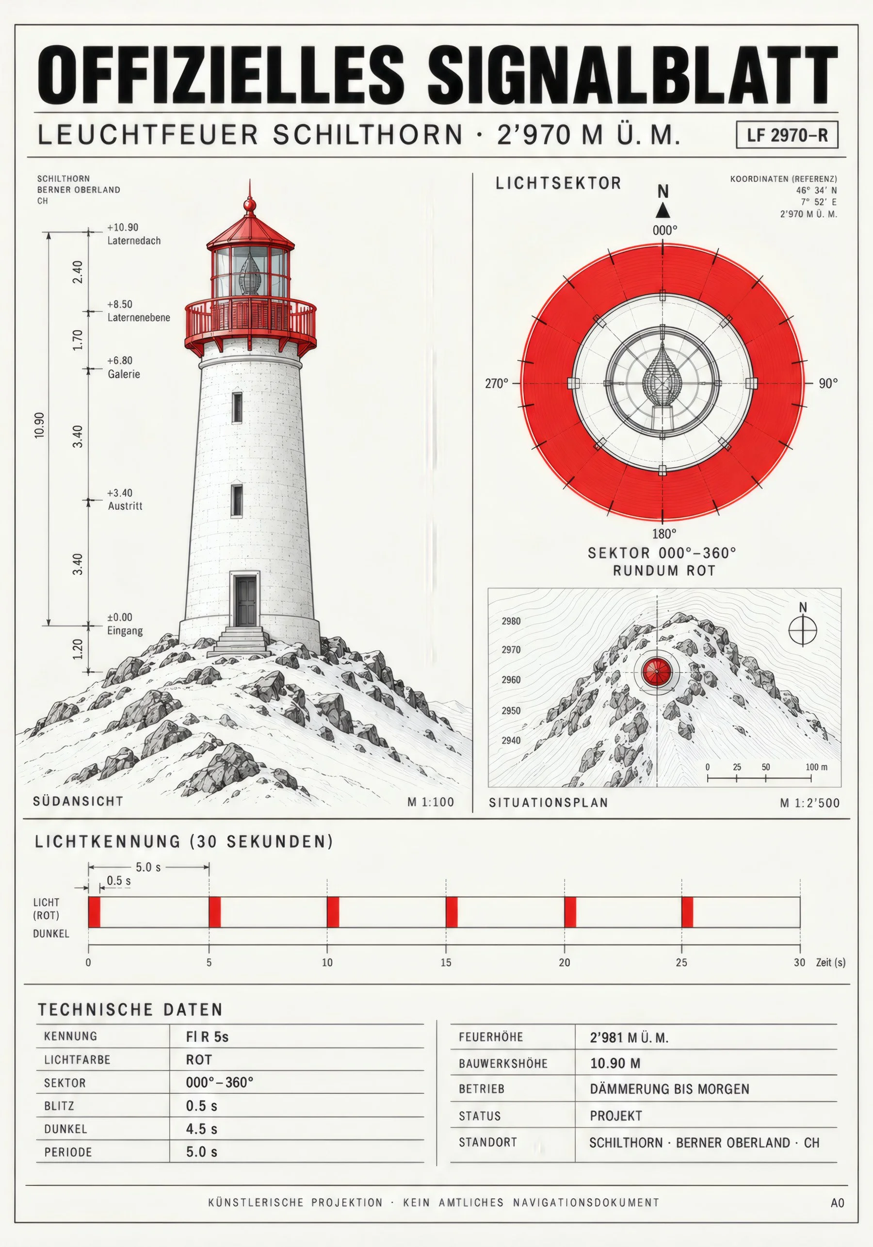 Signalblatt. SCH-LF-012. Kennung und Signale eines erfundenen Leuchtfeuers. Aus dem imaginären SCHLTHRN-Archiv von MRRN. Kunstdruck, 70 × 100 cm, ungerahmt.