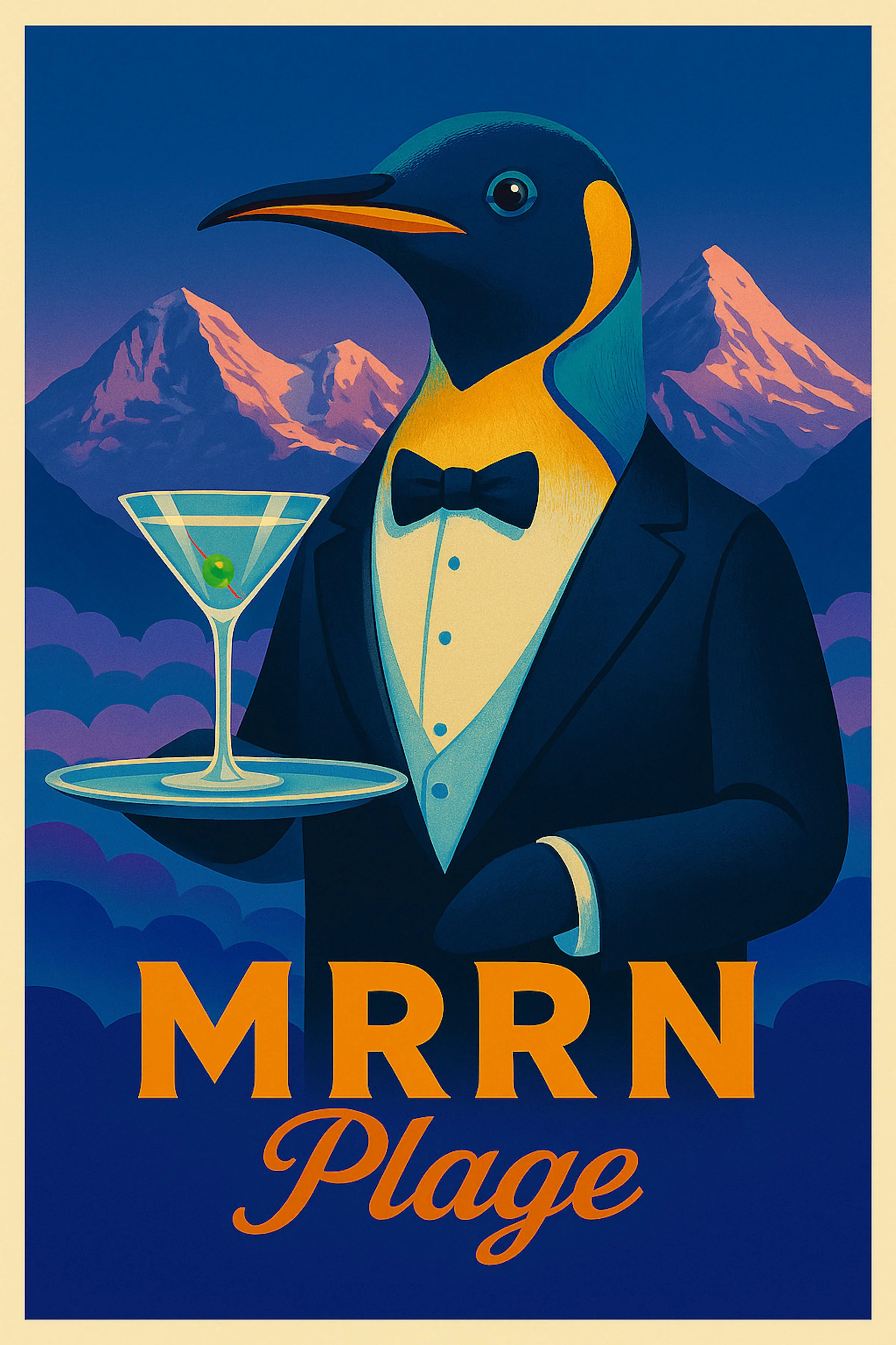 MRRN Plage Königspinguin von Daniel Frei: Pinguin im Smoking mit Cocktail vor nächtlichen Alpenbergen.