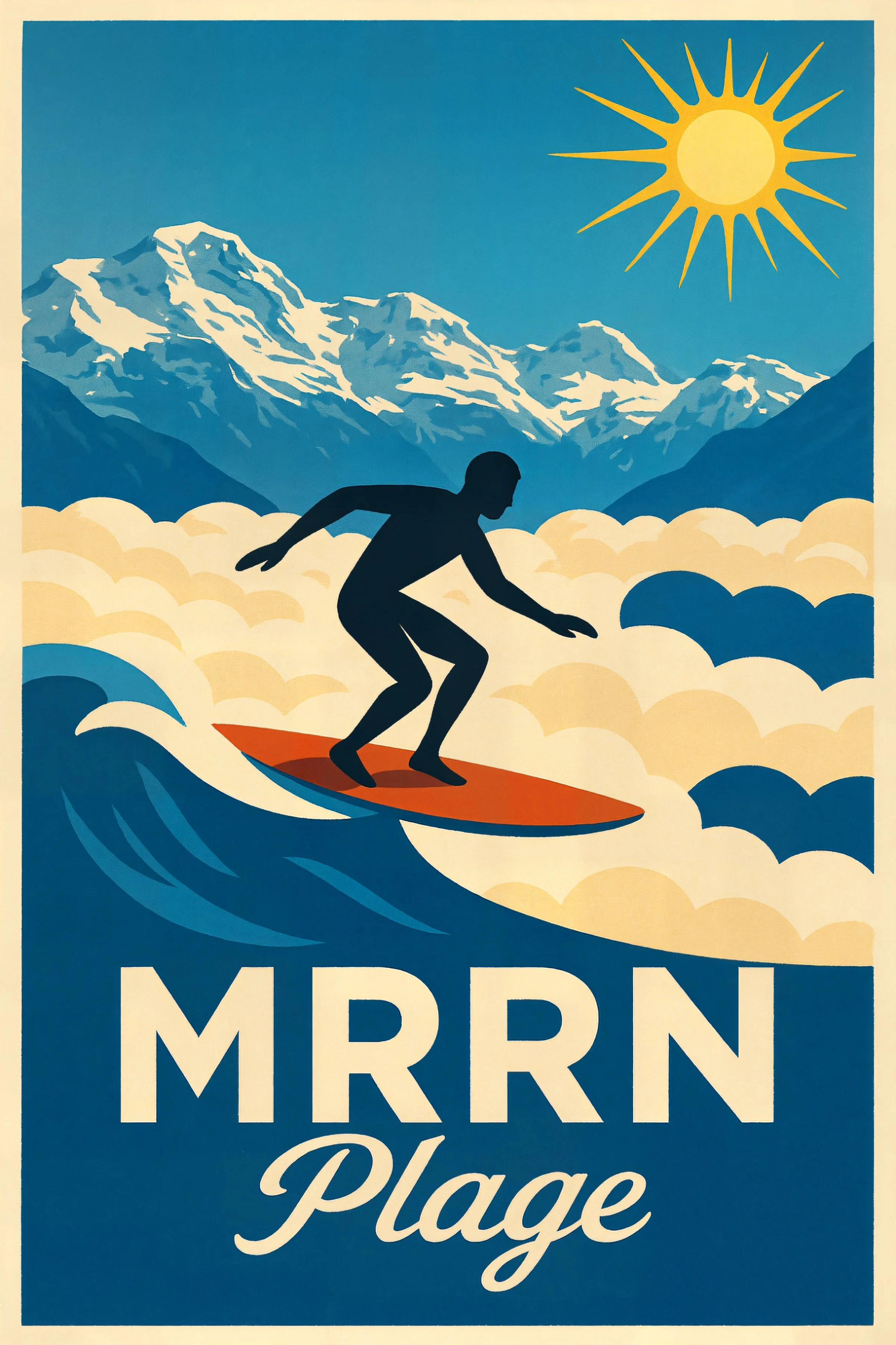 MRRN Plage Wellenreiter von Daniel Frei: Surfer auf orangefarbenem Brett zwischen Wellen und Wolken vor den Alpen und einer gelben Sonne.
