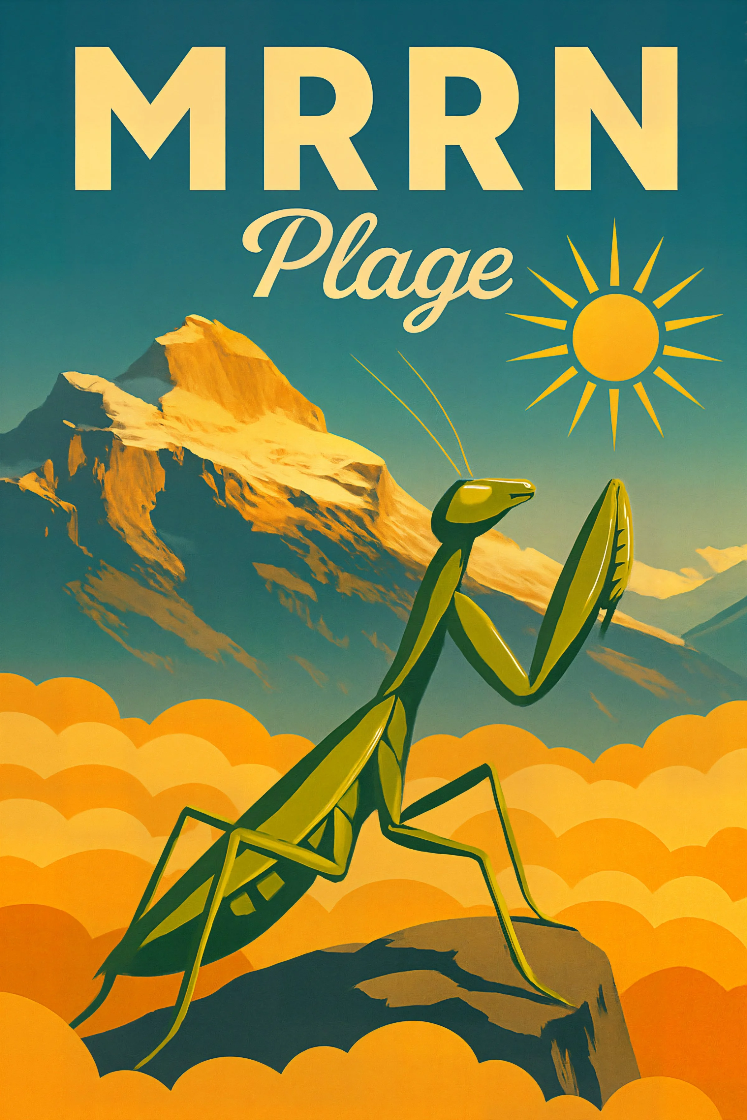 MRRN Plage Sonnenanbeterin von Daniel Frei: grüne Gottesanbeterin vor Alpenbergen, goldenen Wolken und Sonne.