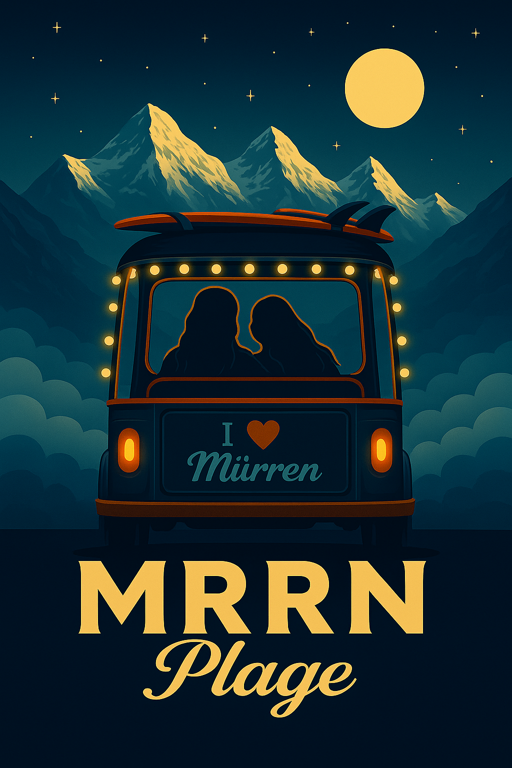 MRRN Plage von Daniel Frei: Ein beleuchtetes Tuk-Tuk von hinten mit zwei Personen, Surfbrett und der Aufschrift I love Mürren vor Bergen, Mond und Sternen.