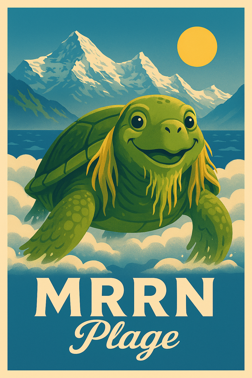 MRRN Plage von Daniel Frei: Eine grüne Schildkröte mit freundlichem Gesicht vor einem Wolkenmeer, Bergen und gelber Sonne.