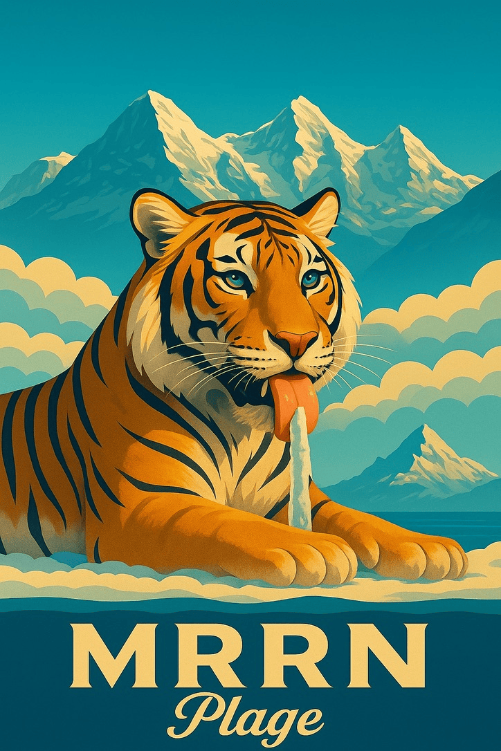 MRRN Plage von Daniel Frei: Ein liegender orange-schwarzer Tiger leckt an einem Eis am Stiel vor Wolken und schneebedeckten Bergen.