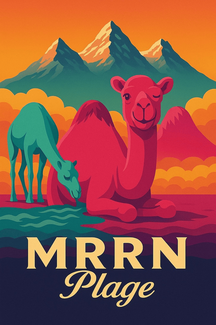 MRRN Plage von Daniel Frei: Ein grünes trinkendes und ein pinkes ruhendes Kamel vor bunten Wolken, Bergen und orangefarbenem Himmel.