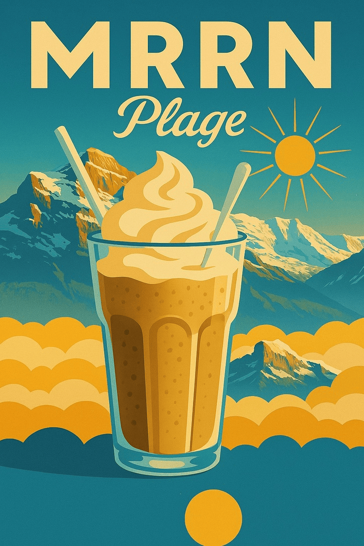 MRRN Plage von Daniel Frei: Ein hohes Glas Latte Macchiato mit heller Schaumhaube und Löffel vor gelben Wolken, Bergen und Sonne.