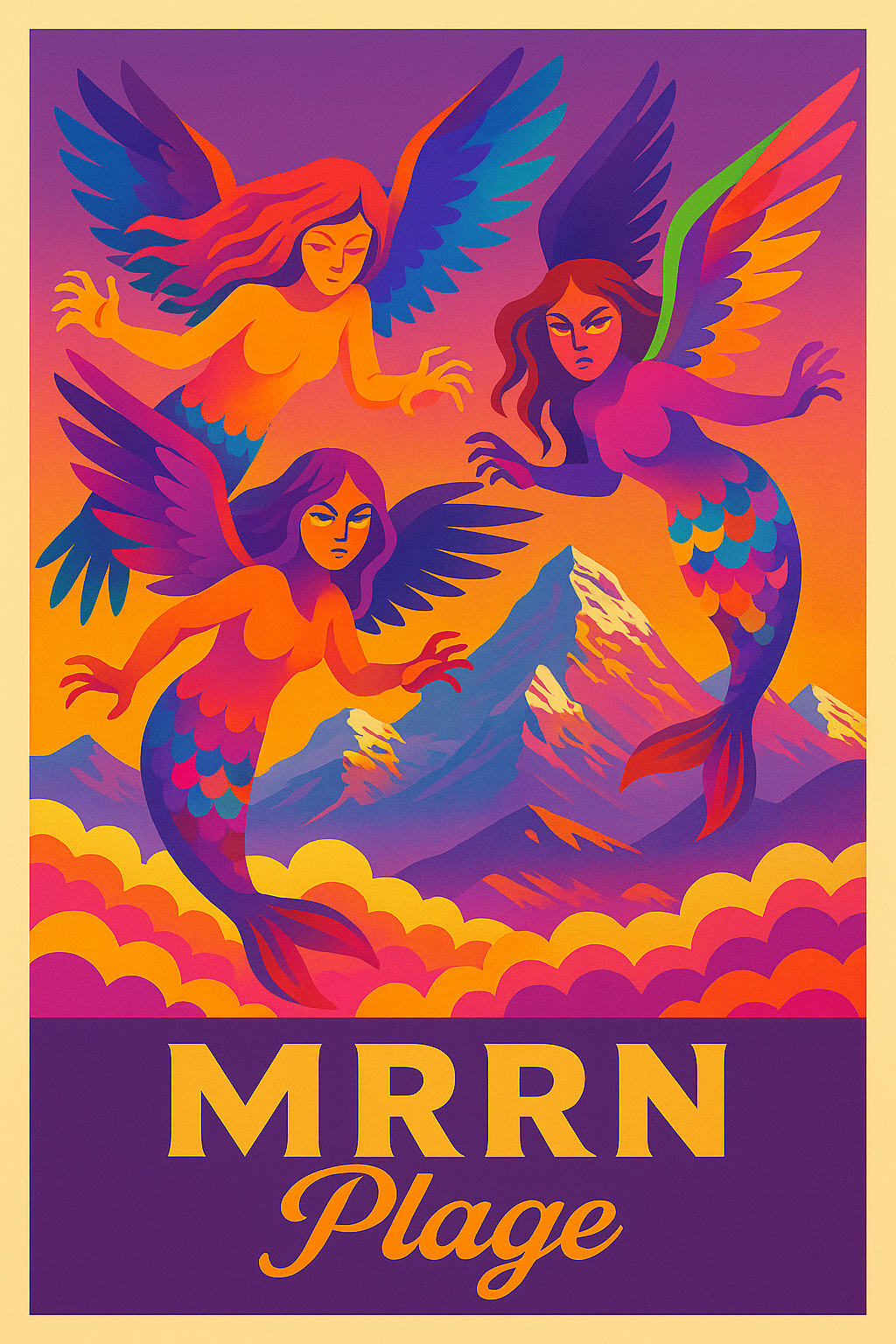 MRRN Plage von Daniel Frei: Drei farbenfrohe geflügelte Gestalten schweben über pinken und orangefarbenen Wolken vor einer Bergkulisse.