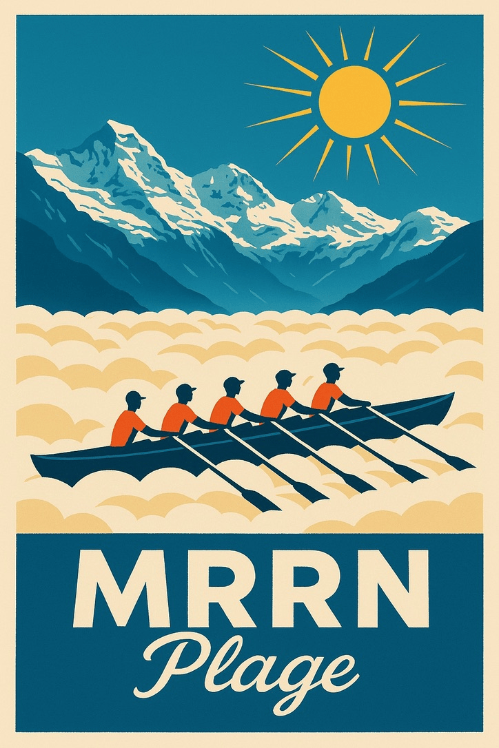 MRRN Plage von Daniel Frei: Fünf orange gekleidete Figuren sitzen in einem langen Ruderboot über weissen Wolken vor schneebedeckten Bergen und Sonne.