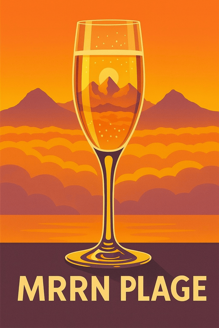 MRRN Plage Annex von Daniel Frei: Ein Champagnerglas vor orangefarbenen Wolken und Bergen; die untergehende Sonne scheint durch das Glas.