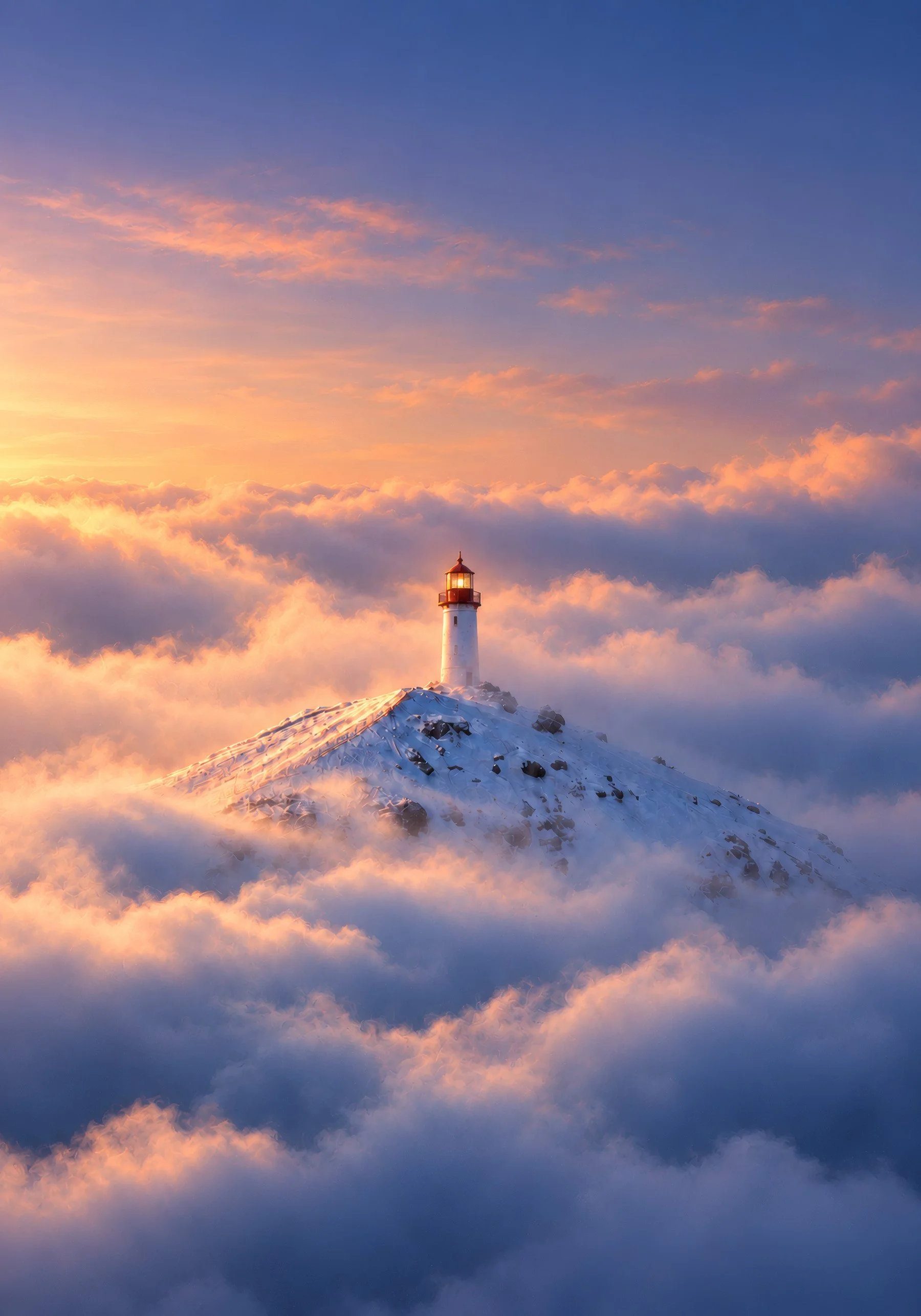 SCHLTHRN — Morning light. An imagined lighthouse rises above an ocean of clouds. Artwork by MRRN.