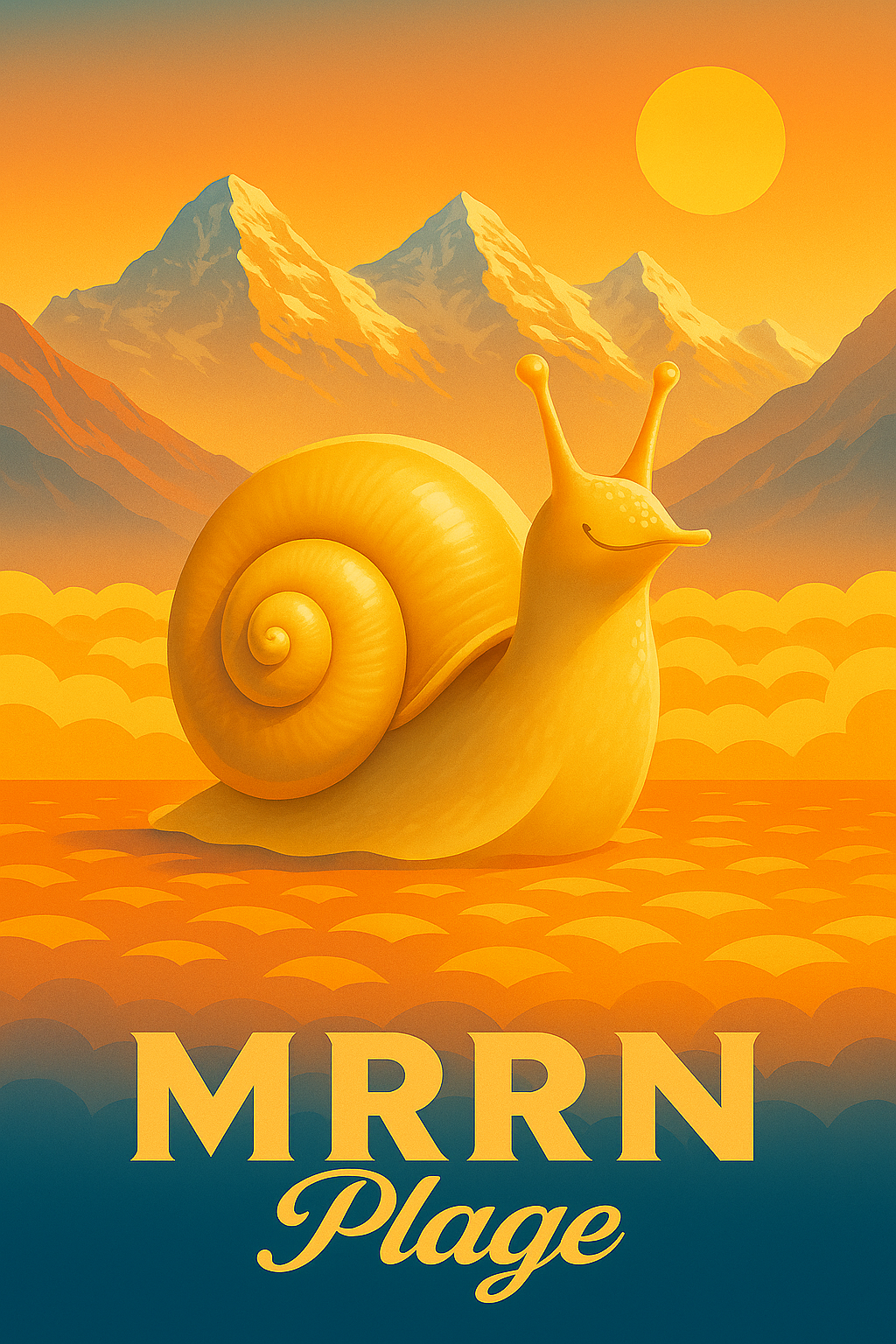MRRN Plage von Daniel Frei: Eine lächelnde goldgelbe Schnecke mit grossem Spiralhaus sitzt vor sonnigen Bergen, gelben Wolken und einer runden Sonne.