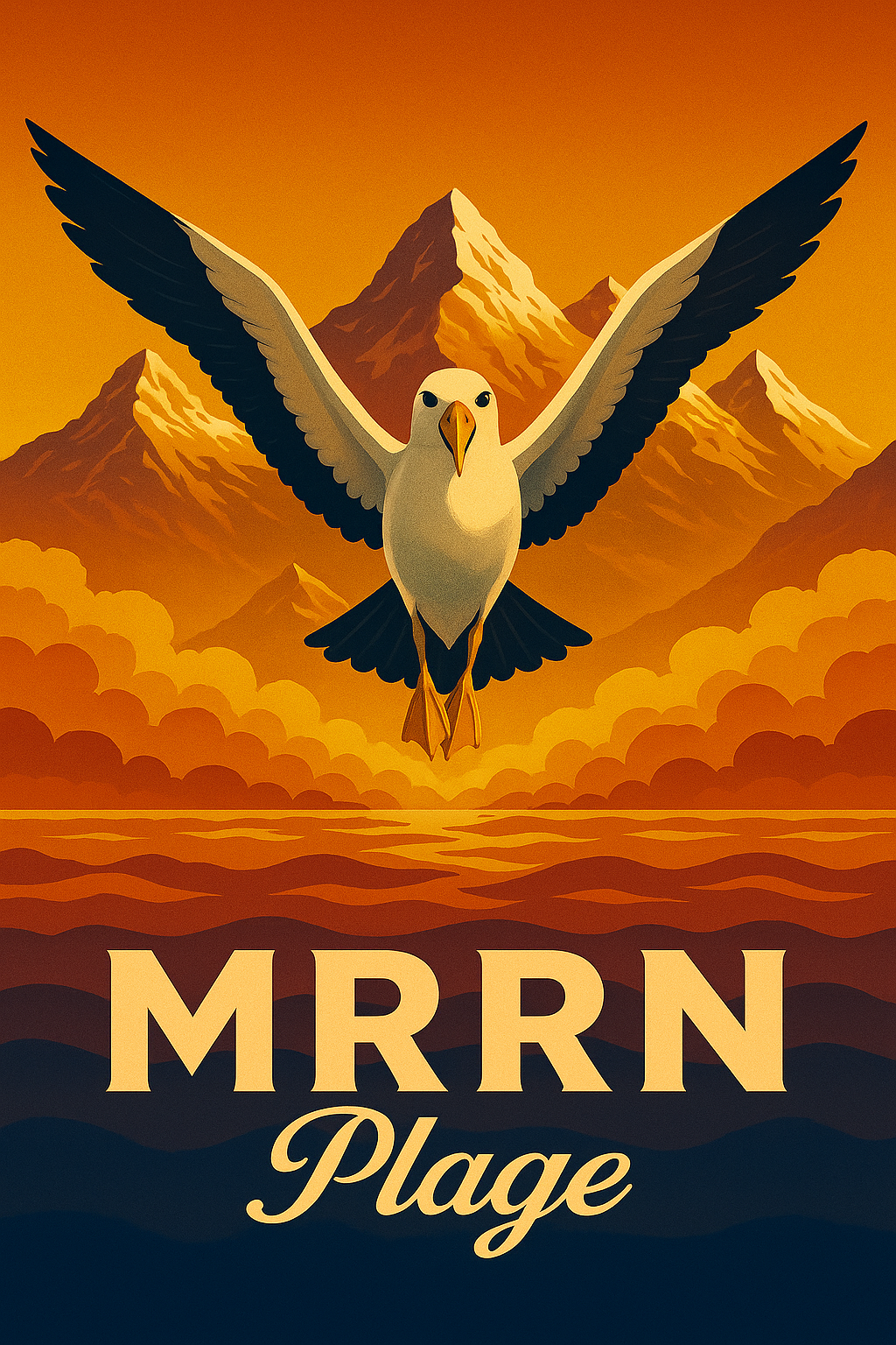 MRRN Plage von Daniel Frei: Ein Albatros mit weit ausgebreiteten Flügeln fliegt frontal vor orangefarbenen Bergen, Wolken und Wasser.