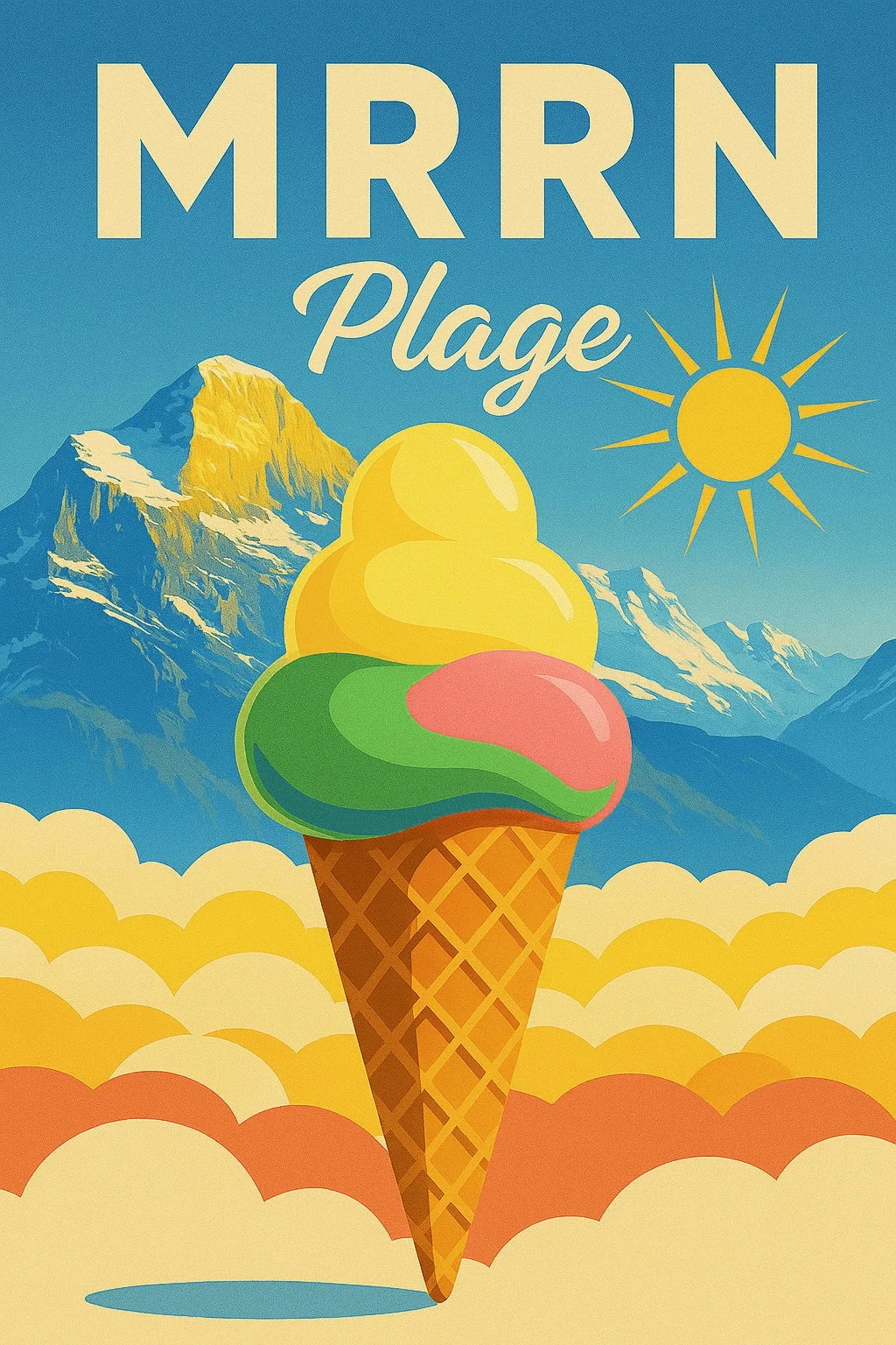 MRRN Plage Glaçe von Daniel Frei: Waffel mit gelben, grünen und rosafarbenen Glacékugeln vor Alpen, Sonne und Wolken.