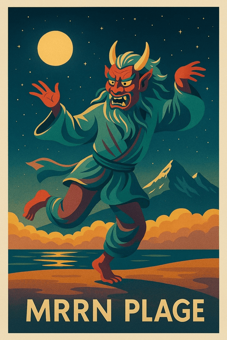 MRRN Plage von Daniel Frei: Ein gehörnter Oni mit grünem Gewand und erhobenen Armen tanzt am Wasser vor Bergen, Wolken, Mond und Sternen.