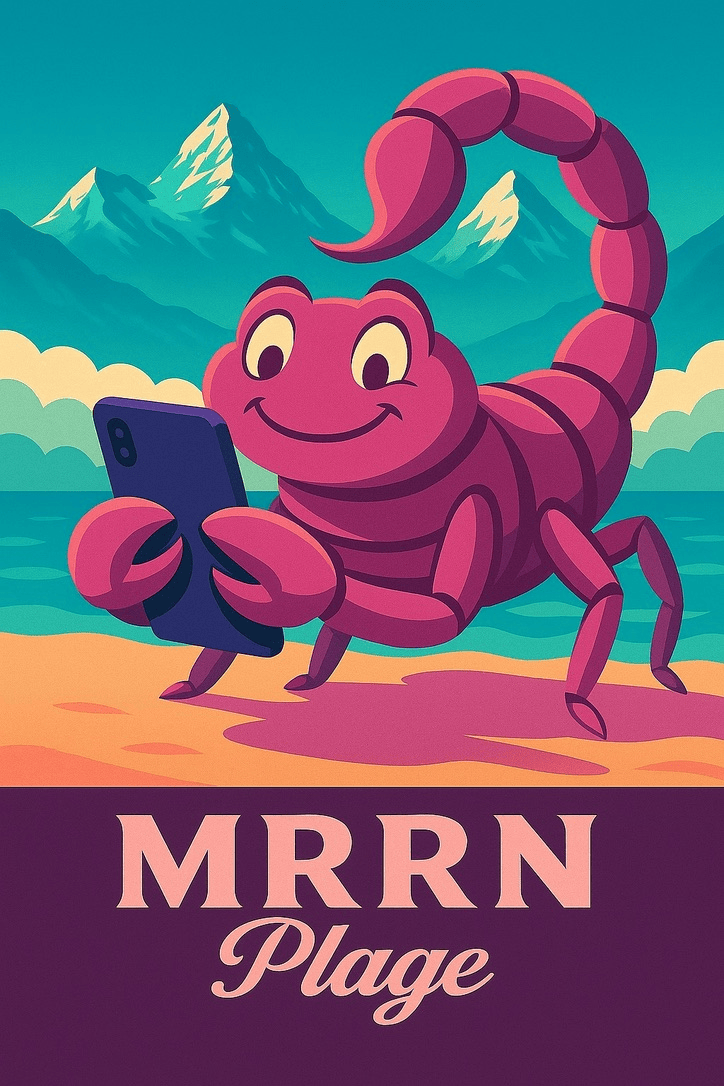 MRRN Plage von Daniel Frei: Ein lächelnder pinker Skorpion hält ein Smartphone vor Wolken, Bergen und türkisfarbenem Himmel.