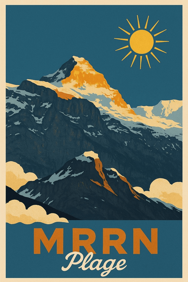 MRRN Plage von Daniel Frei: Ein markanter Berg mit golden beleuchtetem Gipfel unter einer strahlenden Sonne, darunter helle Wolken.