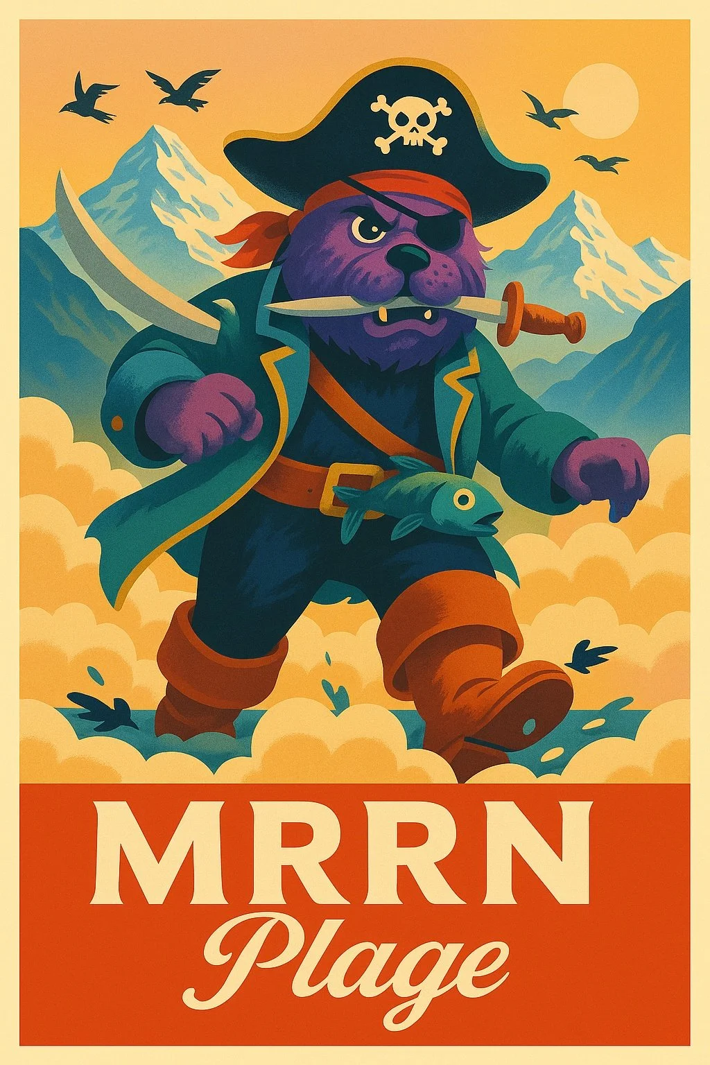 MRRN Plage «Seebär» von Daniel Frei: Ein violetter Bär in Piratenkleidung mit Hut, Augenklappe und Messer im Maul steht vor Bergen und Wolken.