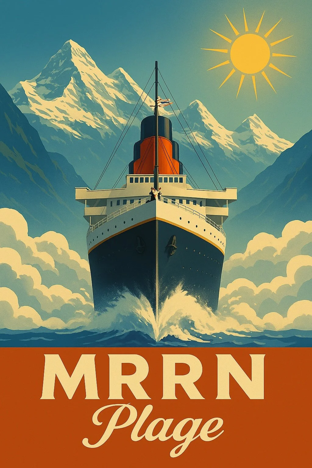 MRRN Plage «Kreuzfahrt» von Daniel Frei: Ein Ozeandampfer fährt frontal durch ein Wolkenmeer vor hohen Bergen und einer gelben Sonne.
