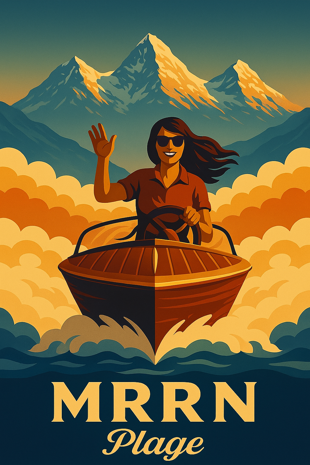 MRRN Plage von Daniel Frei: Eine Frau mit Sonnenbrille winkt aus einem Holz-Motorboot; helle Gischt, blaue Berge und goldene Wolken umgeben sie.