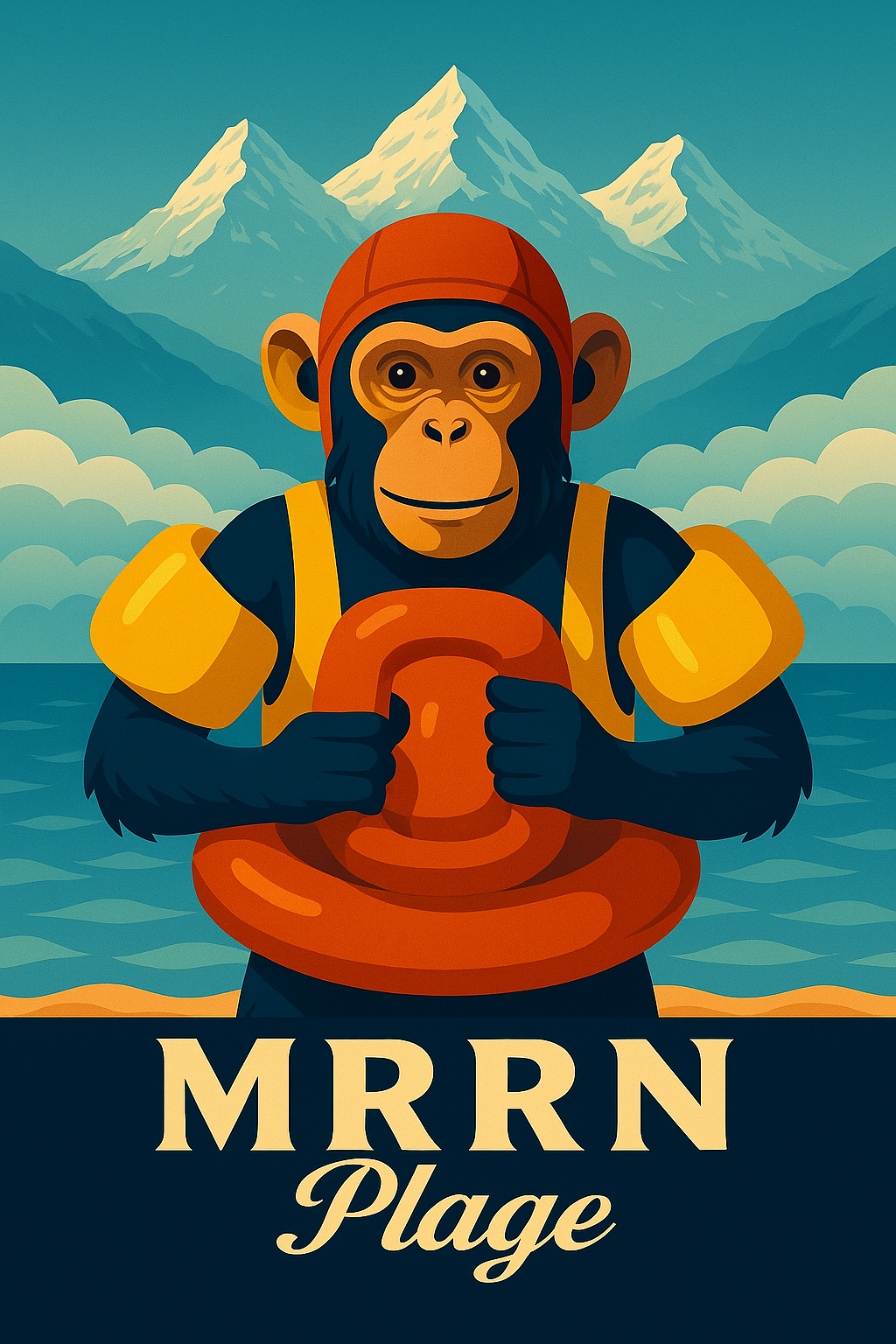 MRRN Plage von Daniel Frei: Ein Schimpanse trägt eine orange Badekappe und gelbe Schwimmflügel und hält einen orangefarbenen Schwimmring vor Wasser, Wolken und drei Bergspitzen.