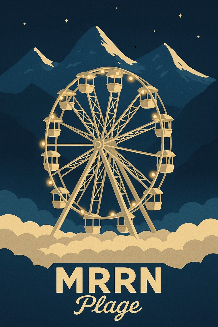 MRRN Plage von Daniel Frei: Ein hell beleuchtetes Riesenrad über weissen Wolken vor dunklen Bergen und einem Sternenhimmel.