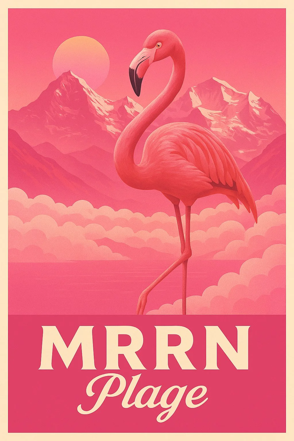 MRRN Plage Flamingo von Daniel Frei: Flamingo vor Alpenbergen, Sonne und Wolken in Rosa- und Koralltönen.
