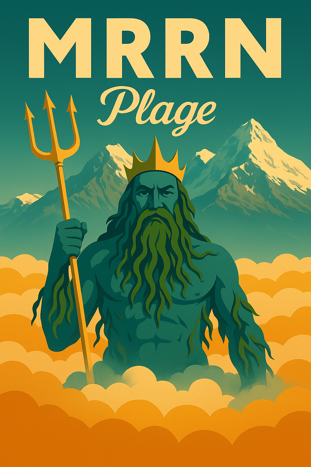 MRRN Plage von Daniel Frei: Ein grünblauer Neptun mit goldenem Dreizack und Krone erhebt sich aus gelben Wolken vor Bergen.