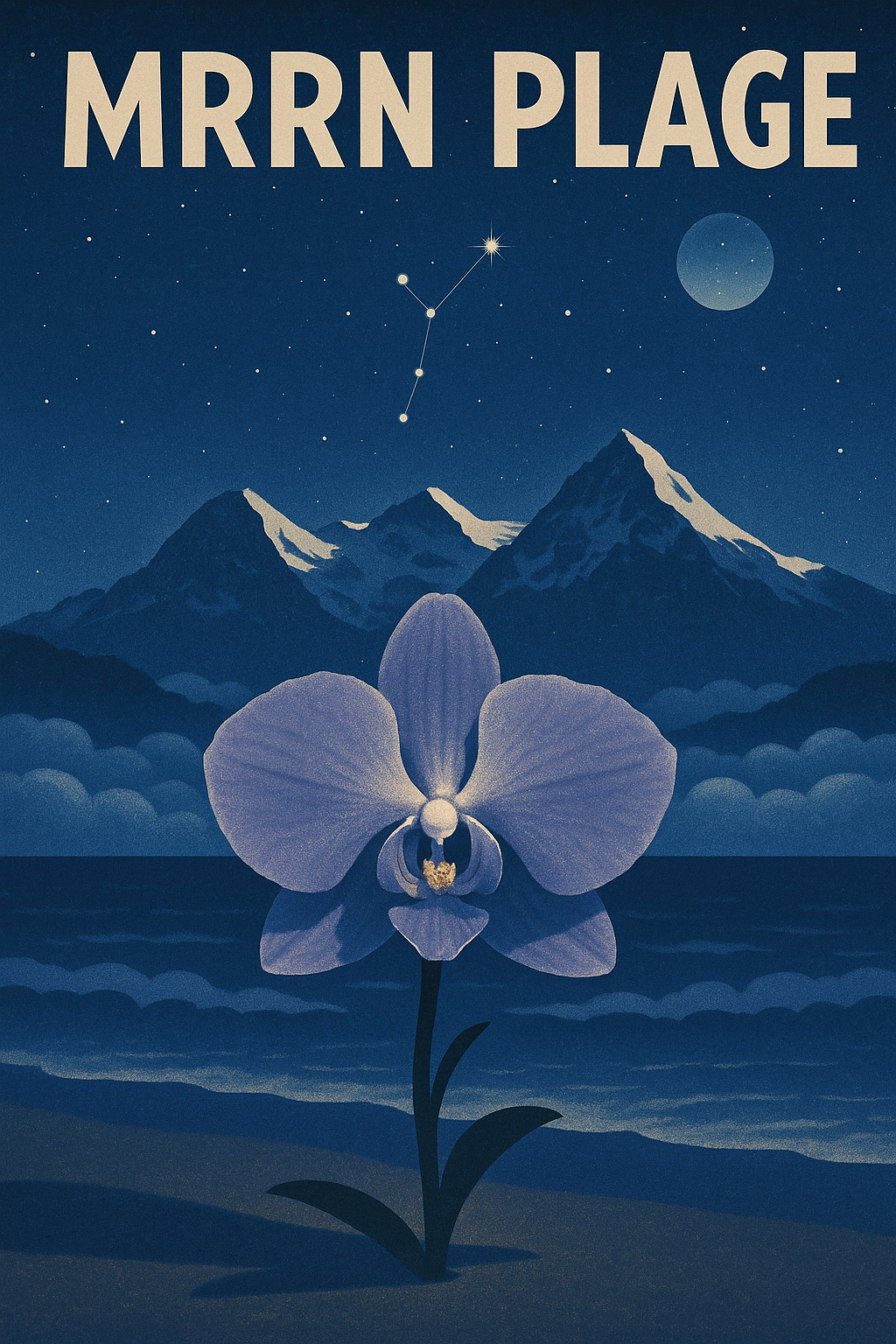 MRRN Plage von Daniel Frei: Eine helle Blüte vor dunkelblauen Bergen und Wellen, darüber ein Sternbild und der Mond.