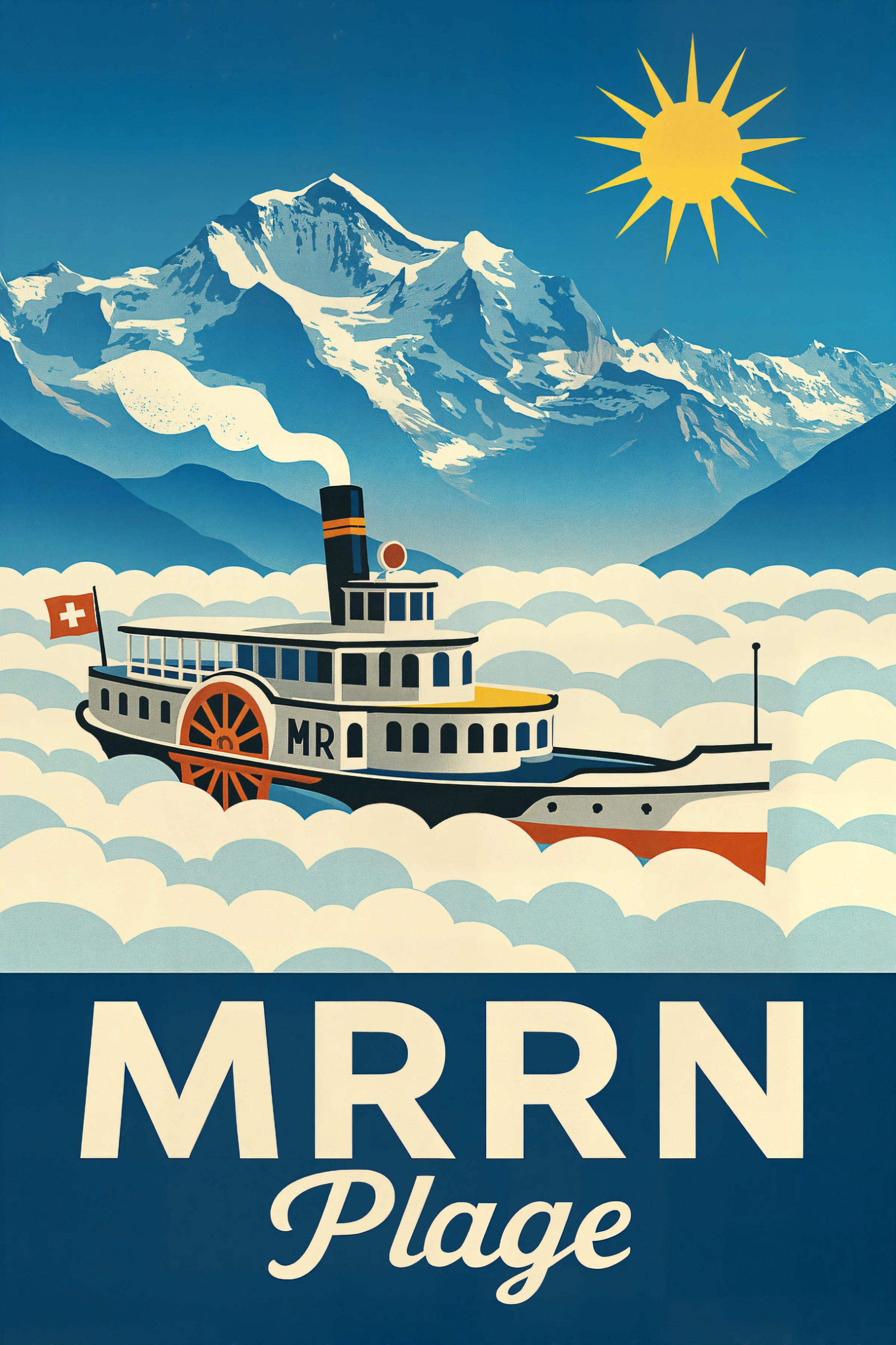 MRRN Plage Dampfschiff von Daniel Frei: Raddampfer mit Schweizer Flagge im Wolkenmeer vor schneebedeckten Alpen.