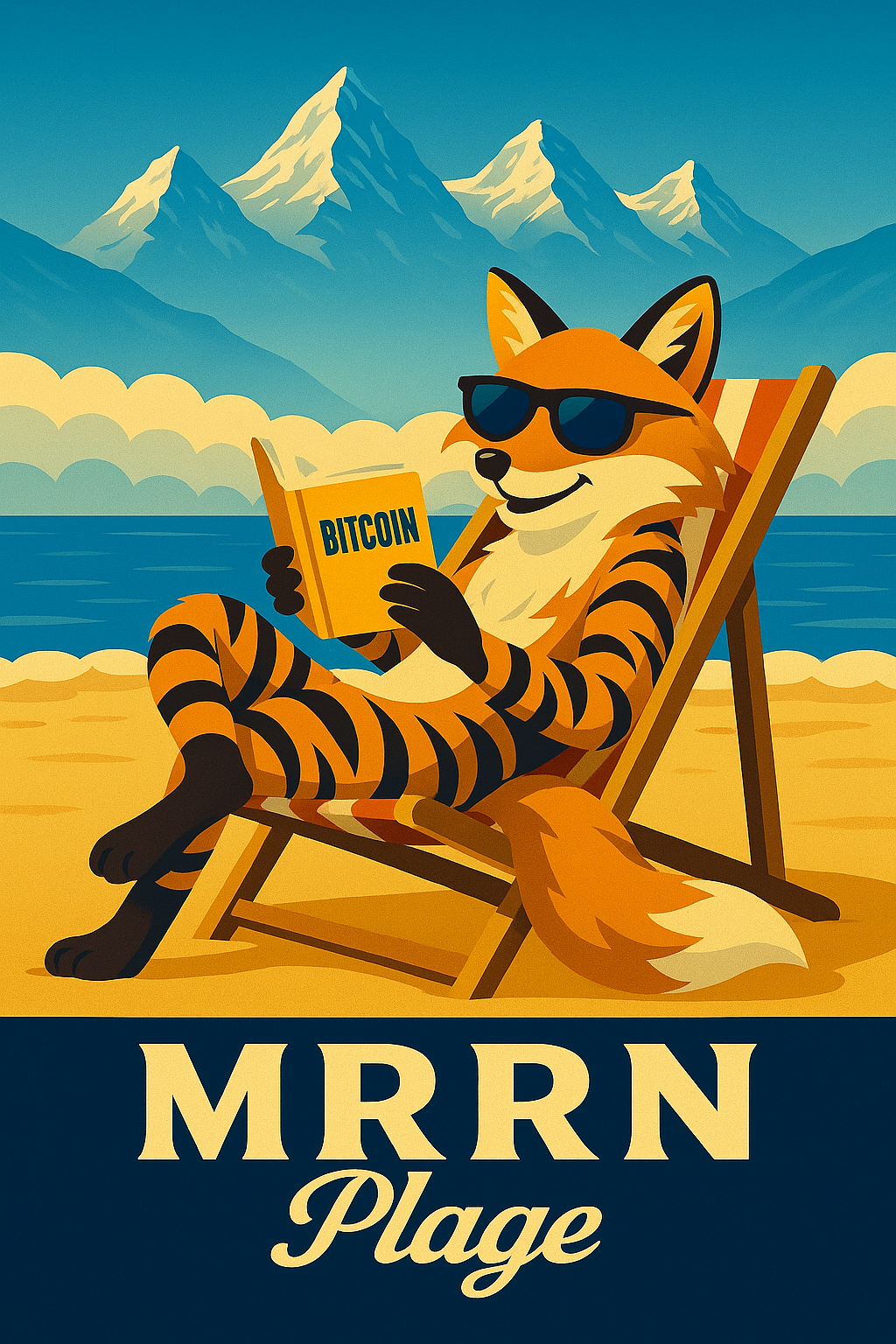 MRRN Plage von Daniel Frei: Ein Fuchs mit Tigerstreifen und Sonnenbrille liest im Liegestuhl ein gelbes BITCOIN-Buch. Dahinter liegen Wasser und blaue Berge.