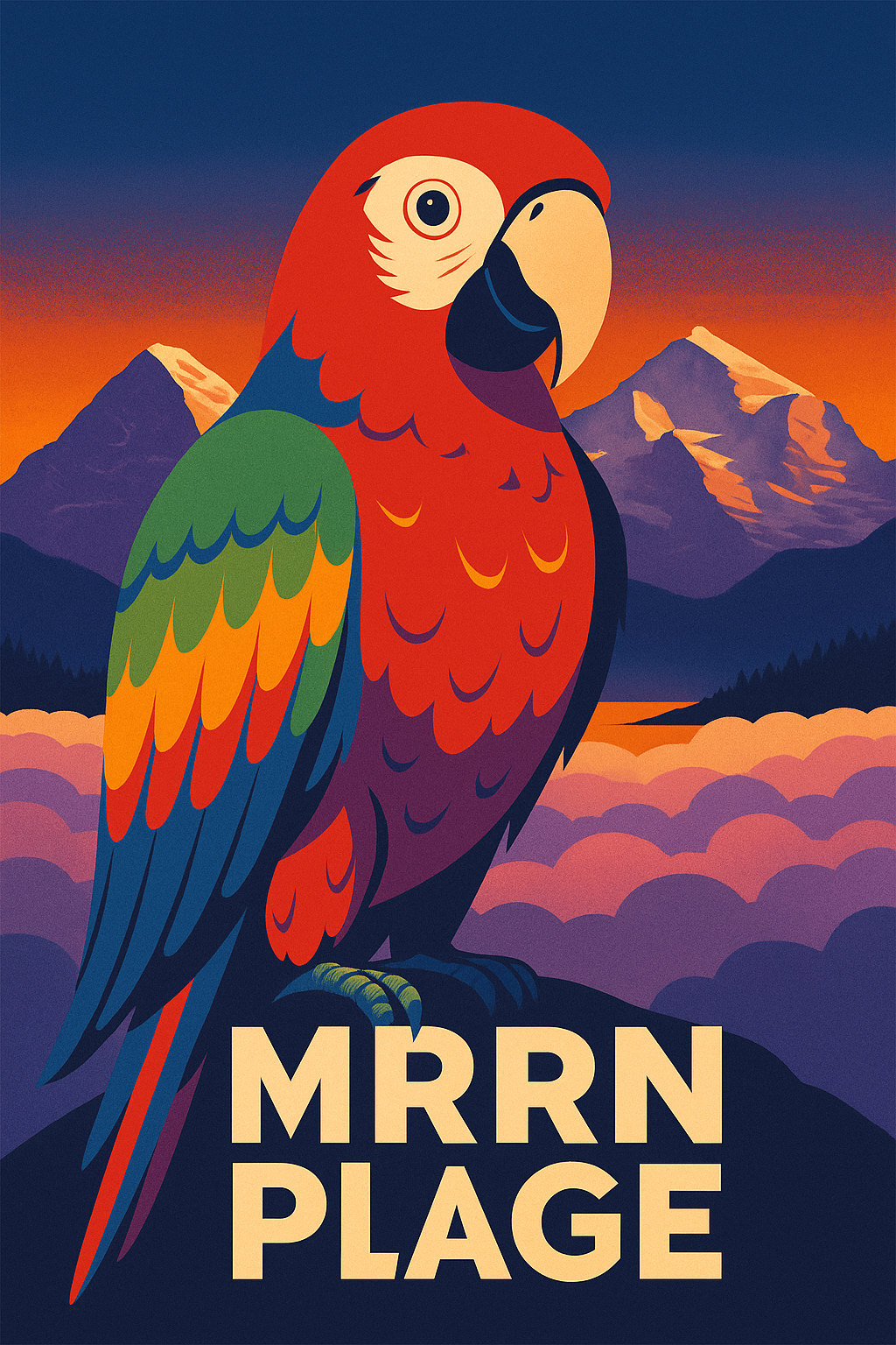 MRRN Plage von Daniel Frei: Ein roter Papagei mit blau-grün-gelbem Flügelgefieder vor Bergen und violetten Wolken im Abendlicht.