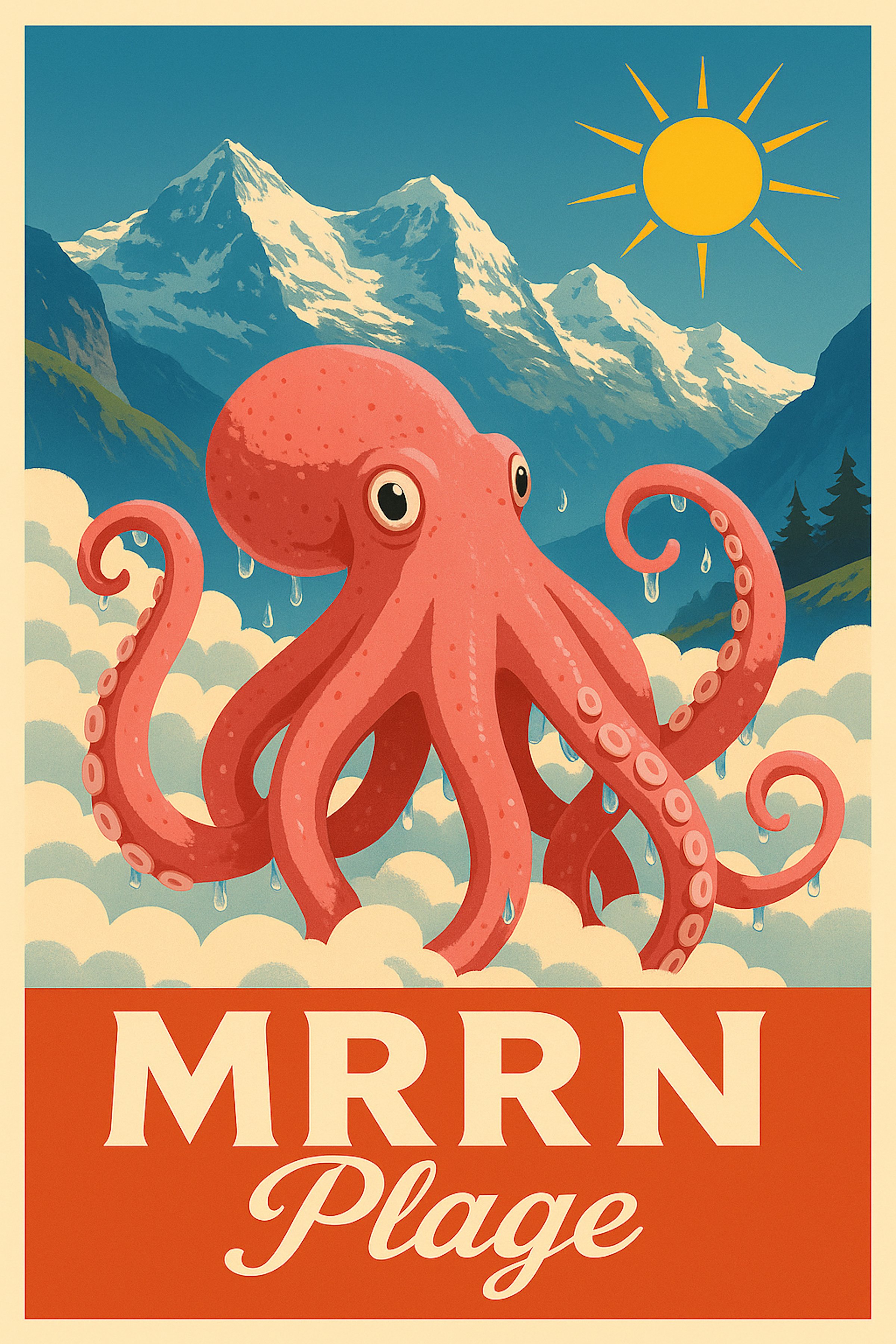 MRRN Plage Oktopus von Daniel Frei: rosafarbener Oktopus vor Alpenbergen, Sonne und einem hellen Wolkenmeer.