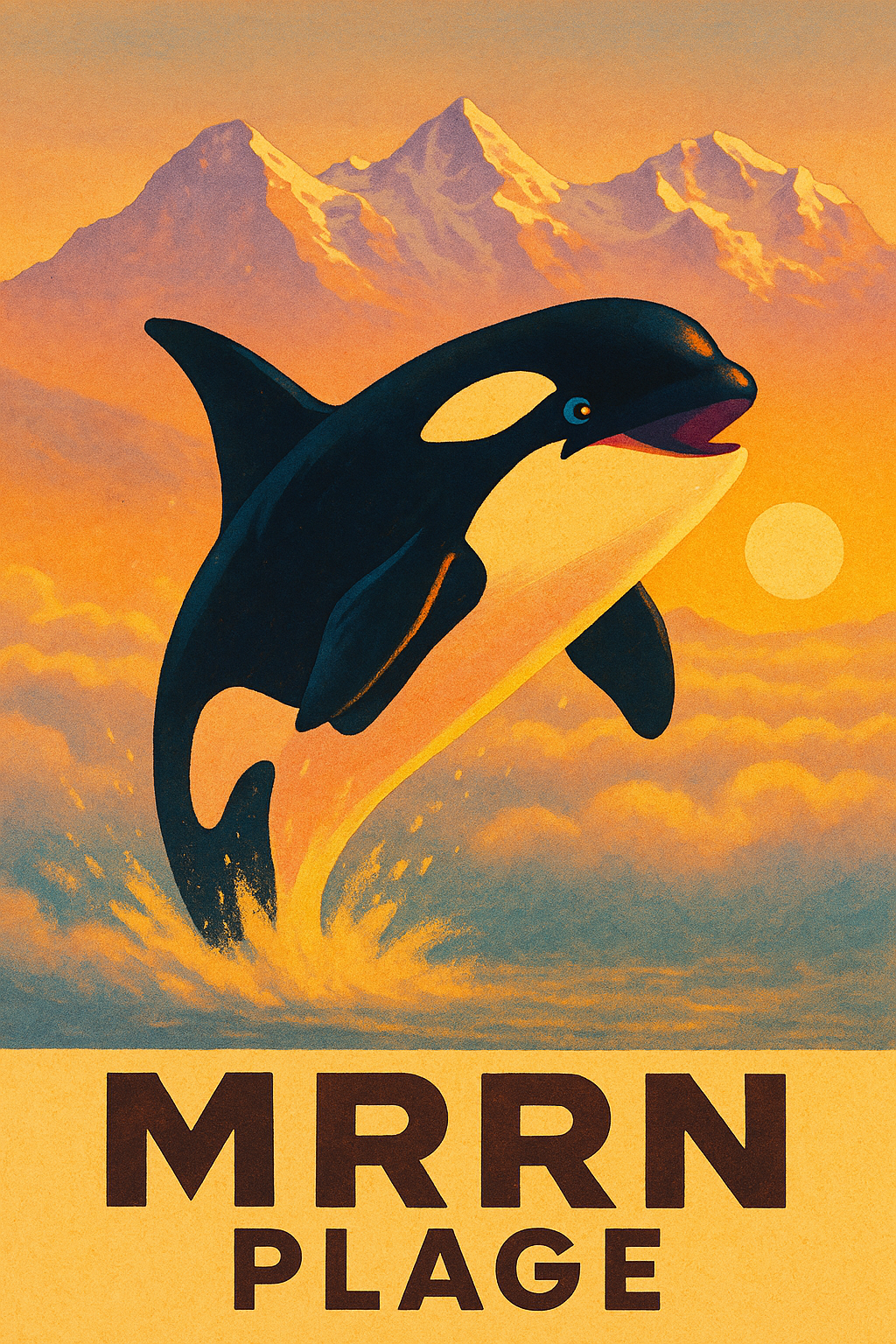 MRRN Plage von Daniel Frei: Ein schwarz-weisser Orca springt über ein goldenes Wolkenmeer vor orange beleuchteten Bergen.