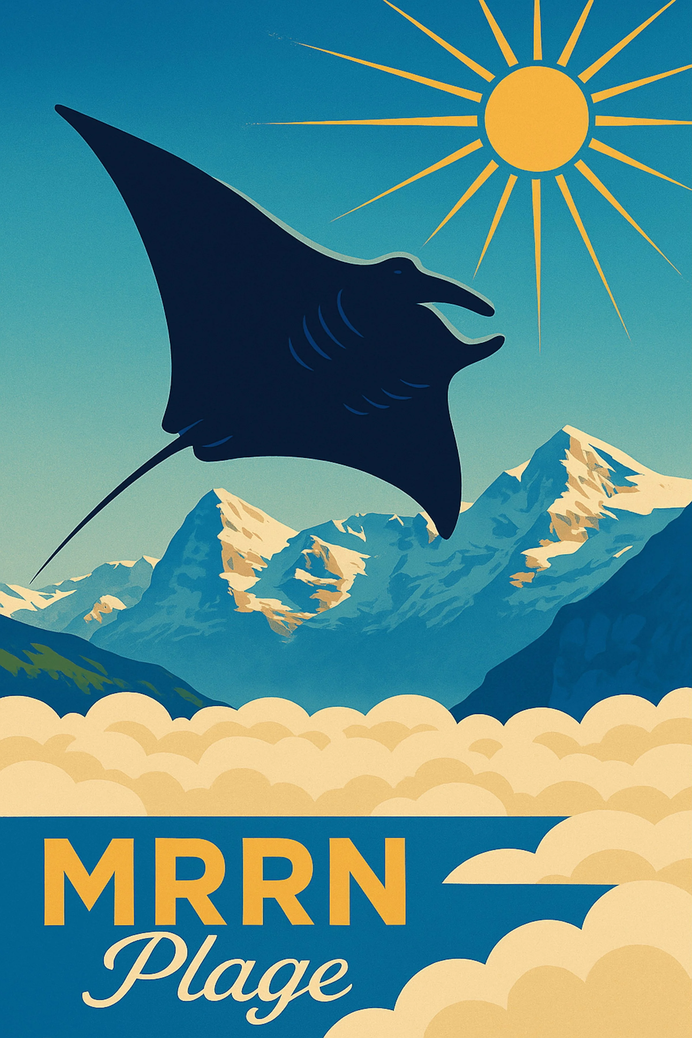 MRRN Plage Manta von Daniel Frei: dunkler Mantarochen schwebt vor Alpenbergen, Sonne und Wolkenmeer.