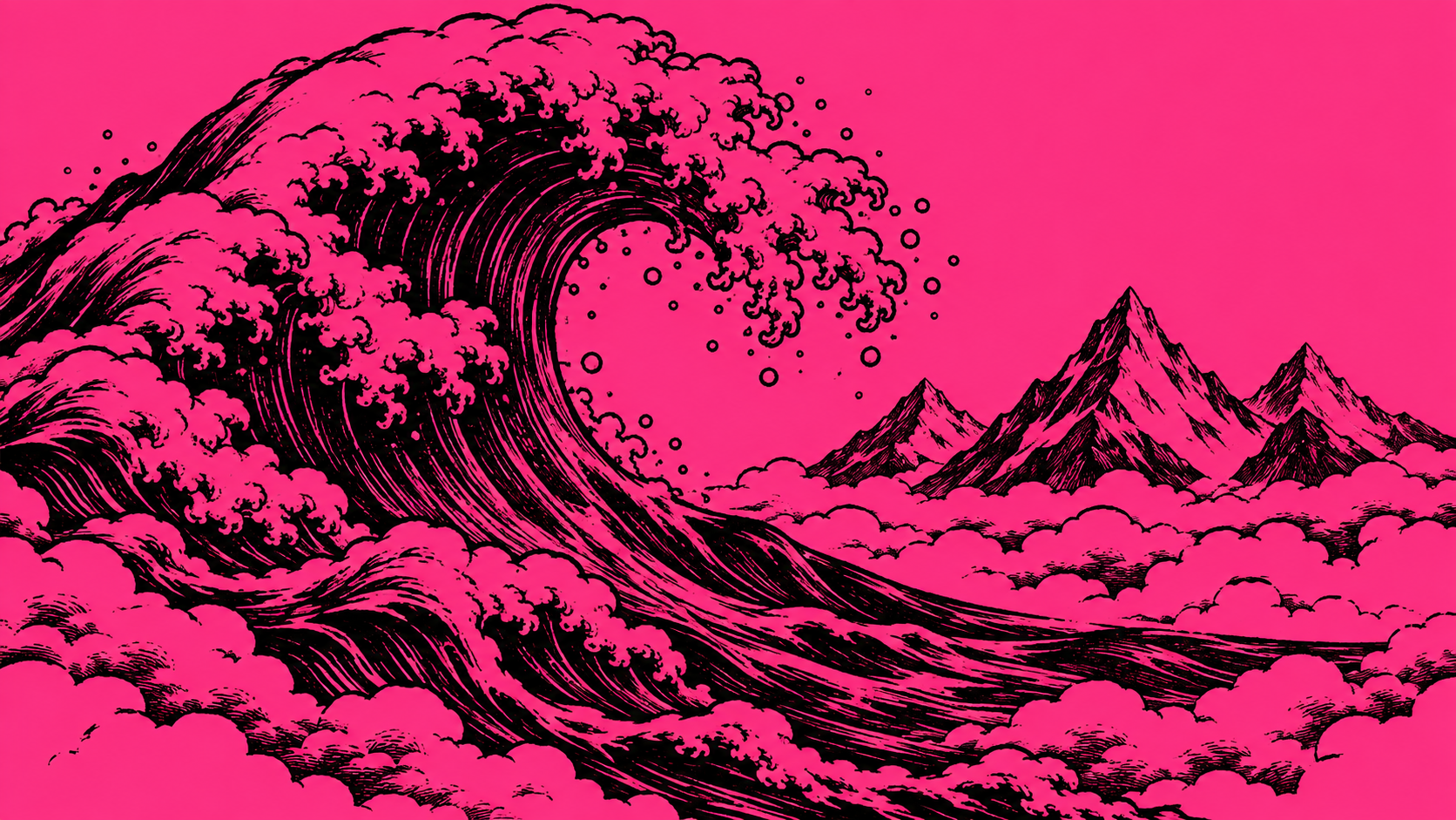 A black wave in front of Alpine peaks on a pink background — MRRN Wave Division, Surf the Clouds.