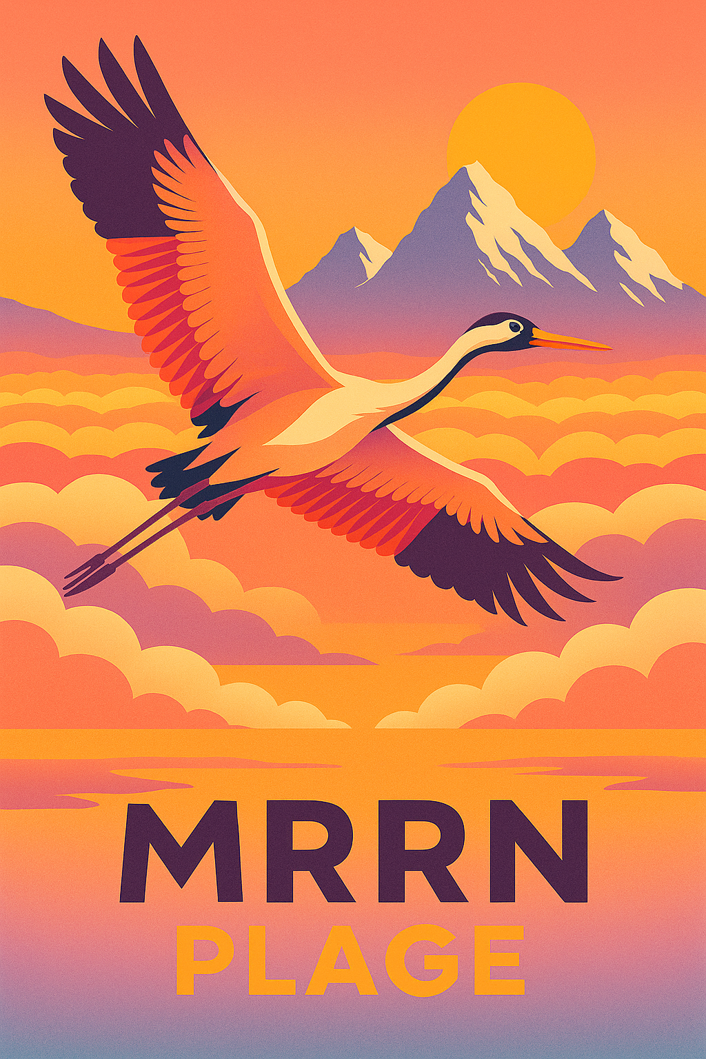 MRRN Plage von Daniel Frei: Ein Kranich mit ausgebreiteten Flügeln und langen Beinen fliegt vor einer runden Sonne über violette Berge und orange-rosa Wolken.