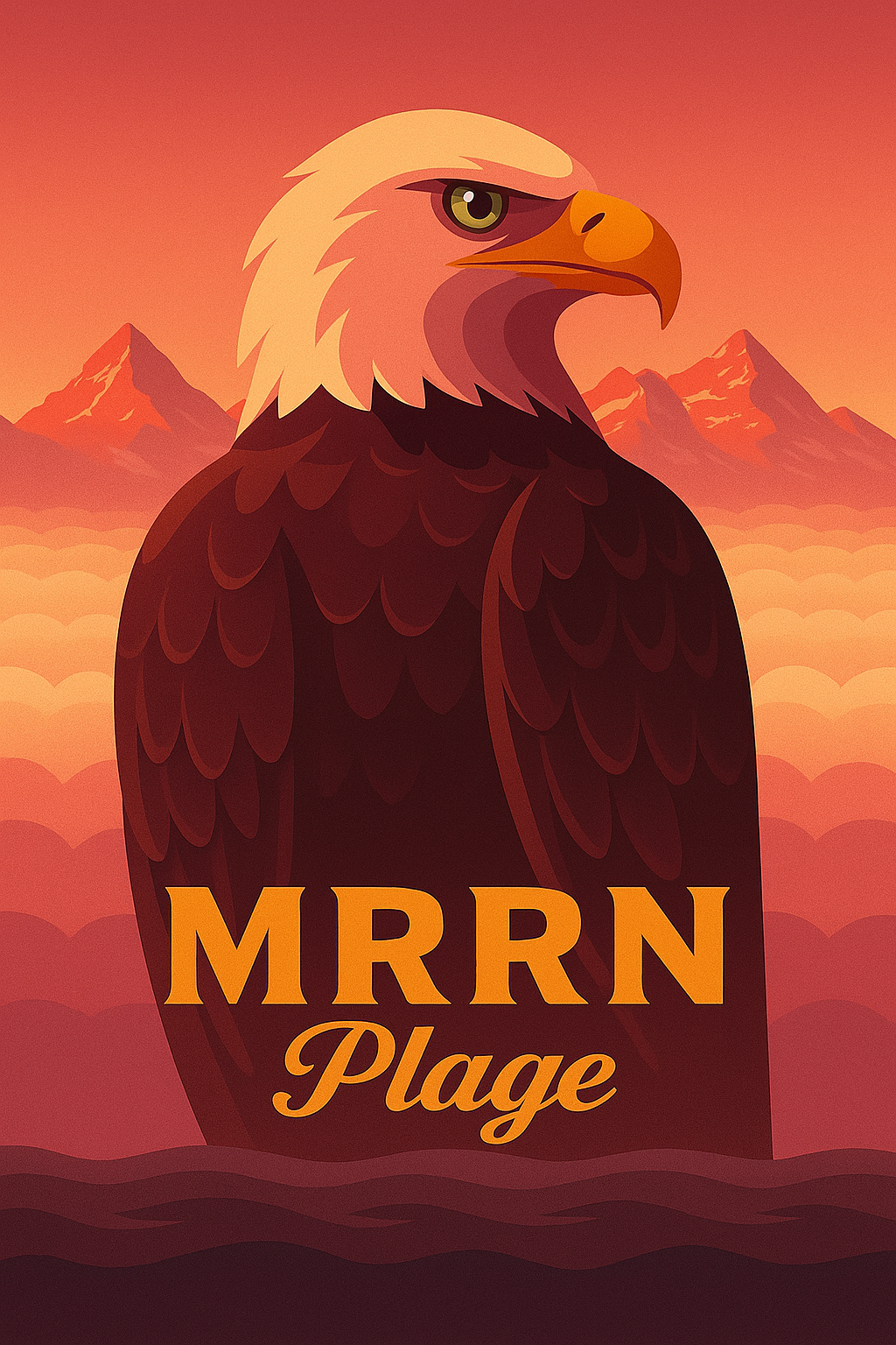 MRRN Plage von Daniel Frei: Ein Adler mit hellem Kopf und orangefarbenem Schnabel vor roten Bergen und goldenen Wolken.