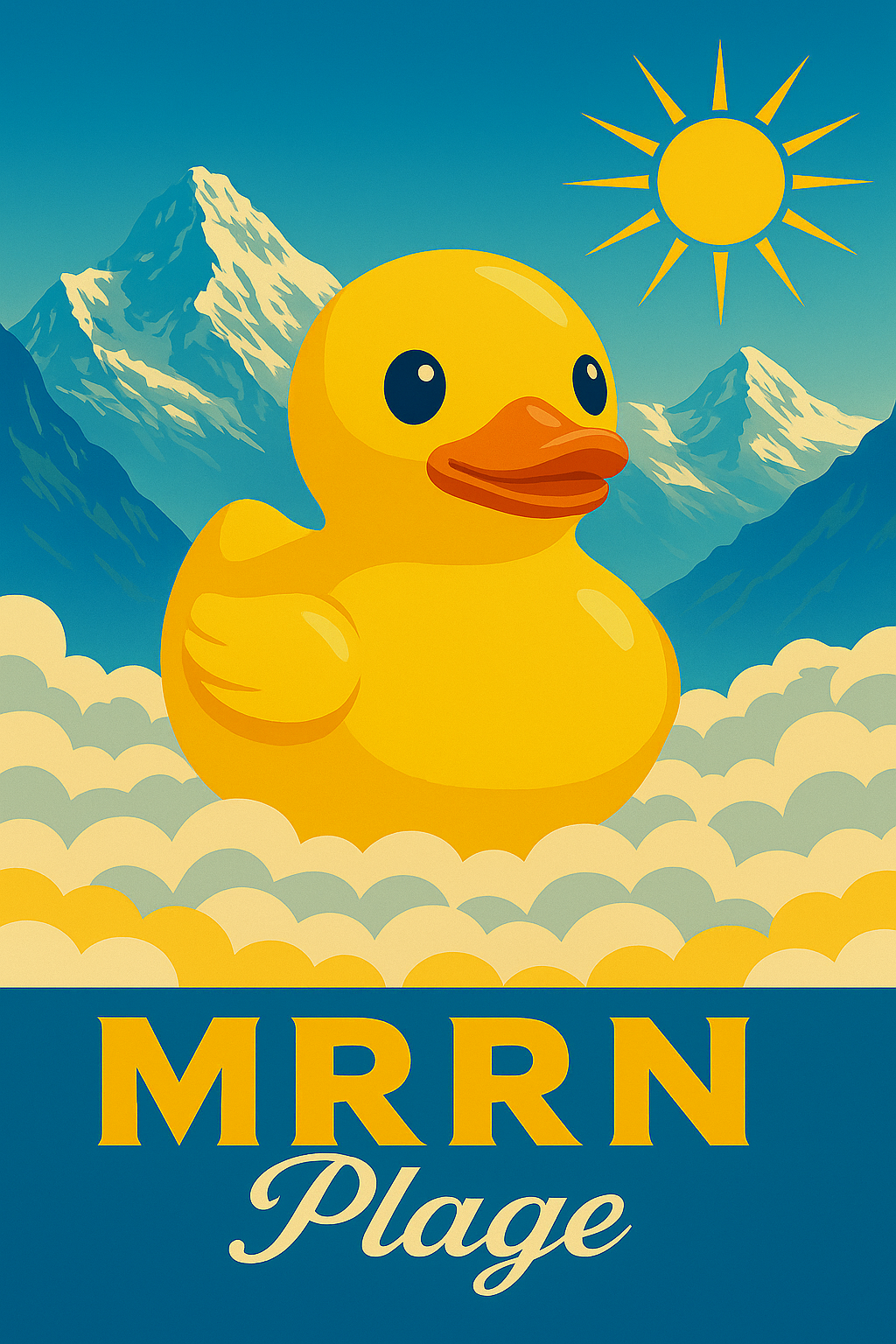 MRRN Plage von Daniel Frei: Eine grosse gelbe Badeente mit orangefarbenem Schnabel sitzt zwischen hellen Wolken vor Bergen und einer gelben Sonne.