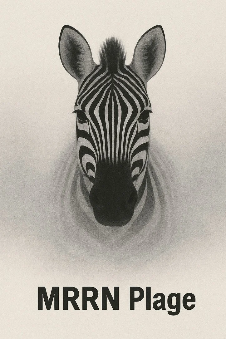 MRRN Plage Zebra von Daniel Frei: frontales Zebra-Porträt mit schwarzen Streifen vor hellem, nebligem Hintergrund.